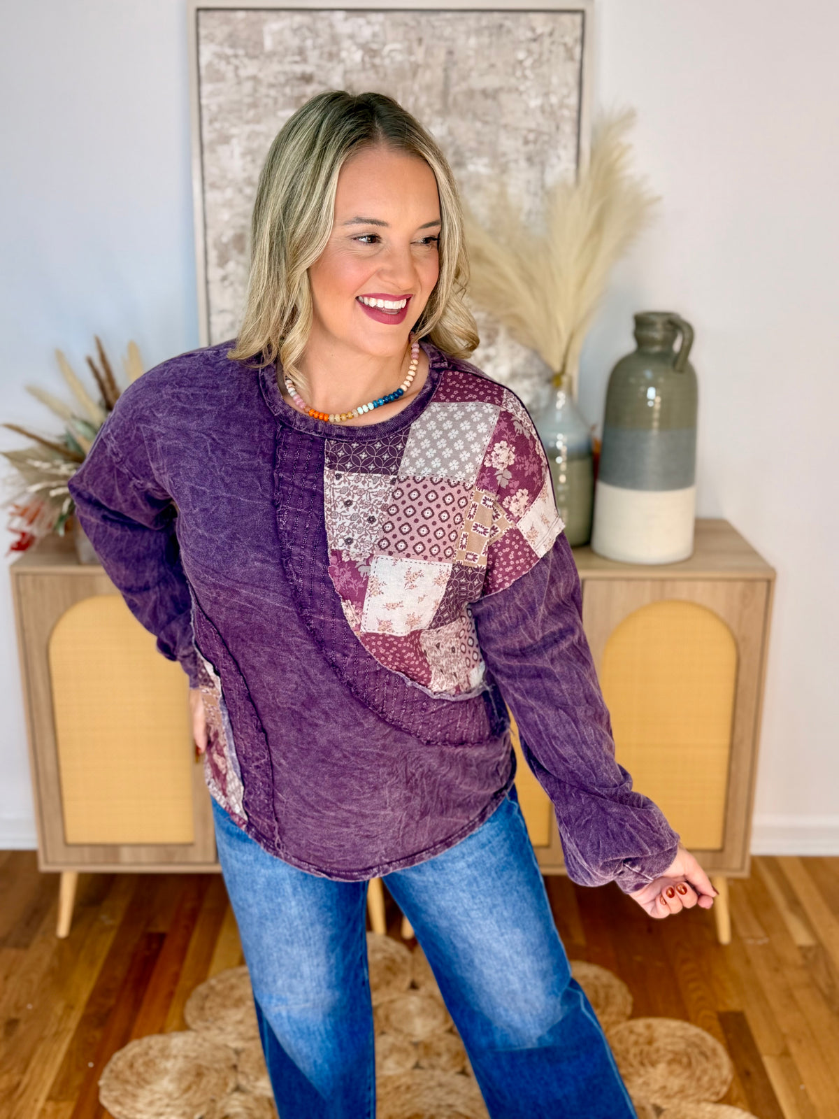Mineral Wash Patchwork Swirl Top-110 Long Sleeve Top-jHer-The Lovely Closet, Women's Fashion Boutique in Alexandria, KY