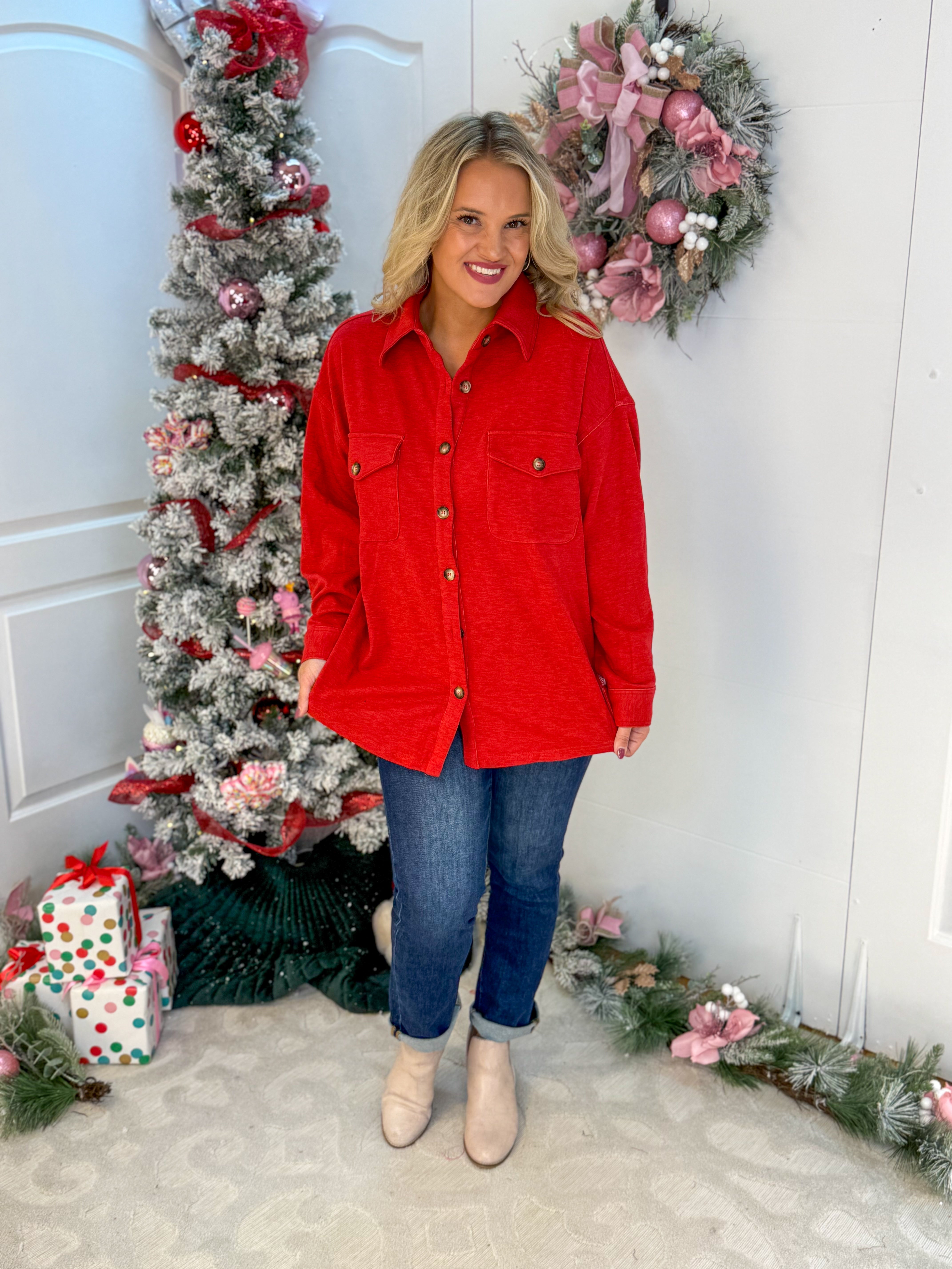 Cozy Season Button Down Shacket - Red-170 Jackets/Outerwear-White Birch-The Lovely Closet, Women's Fashion Boutique in Alexandria, KY