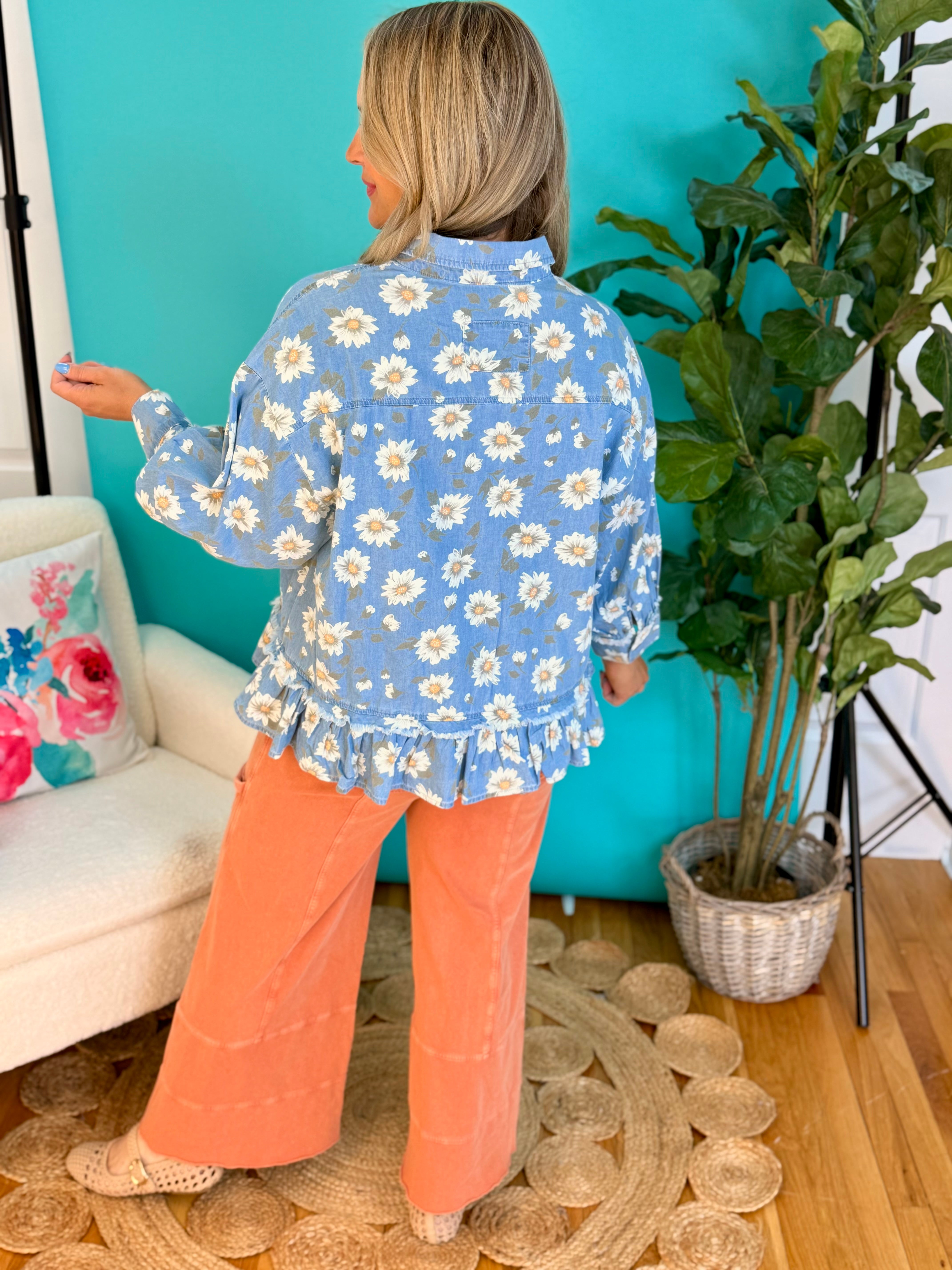 Daisy Print Denim Top-110 Long Sleeve Top-easel-The Lovely Closet, Women's Fashion Boutique in Alexandria, KY