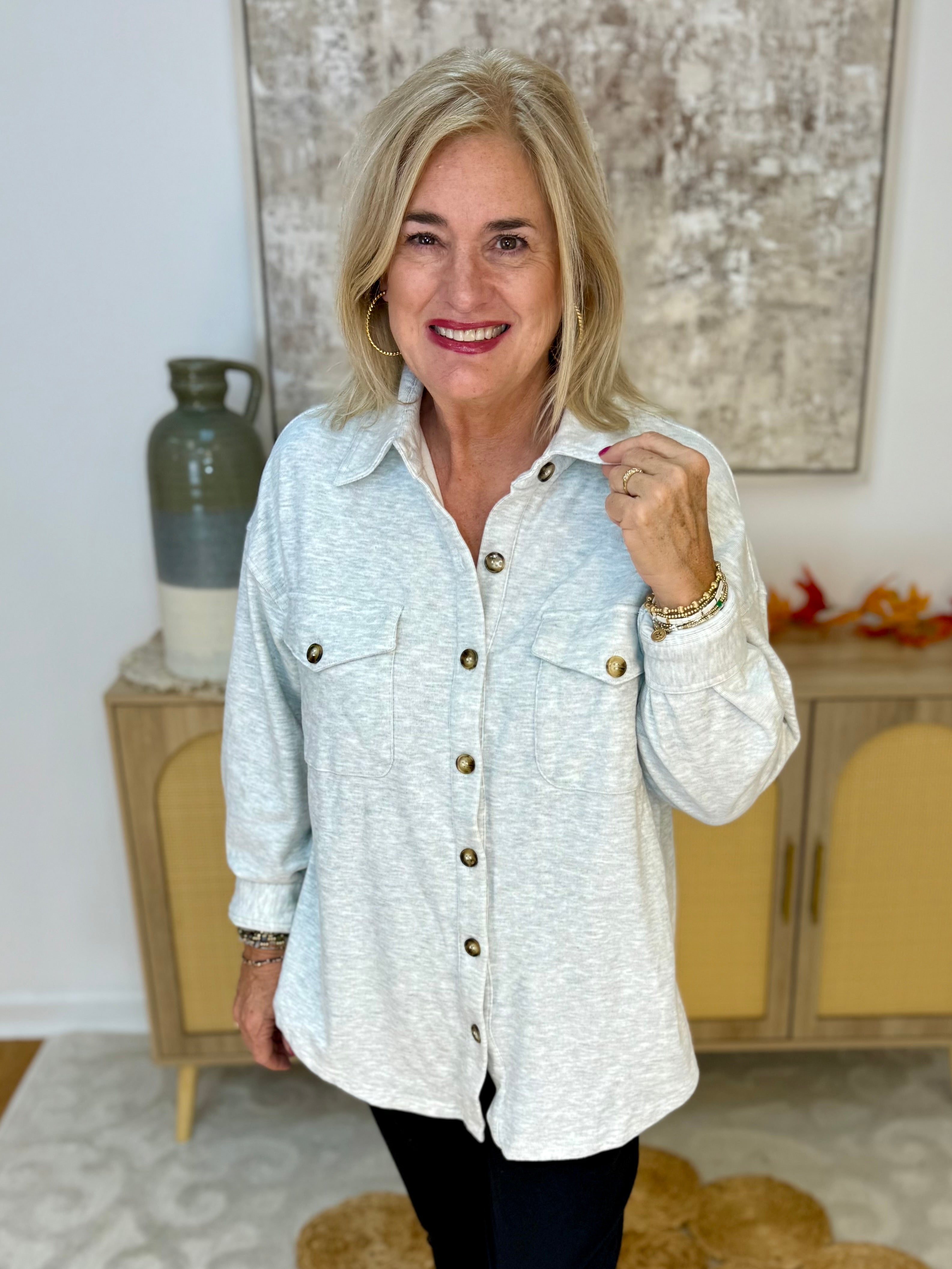Cozy Season Button Down Shacket - Grey-170 Jackets/Outerwear-White Birch-The Lovely Closet, Women's Fashion Boutique in Alexandria, KY