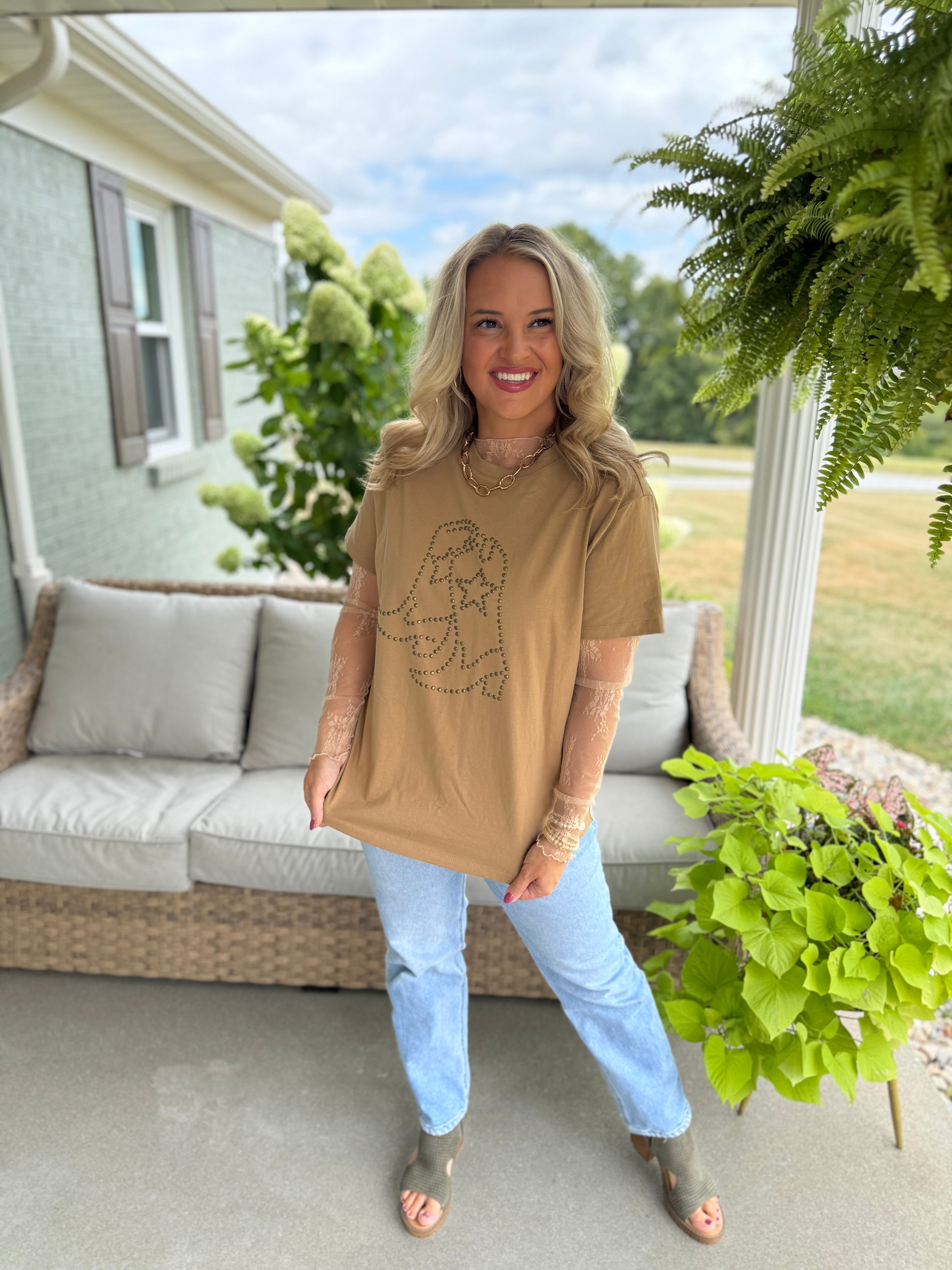 COWBOY BOOT STUDDED SHORT SLEEVE TOP-100 Short Sleeve Tops-Doe and Rae-The Lovely Closet, Women's Fashion Boutique in Alexandria, KY
