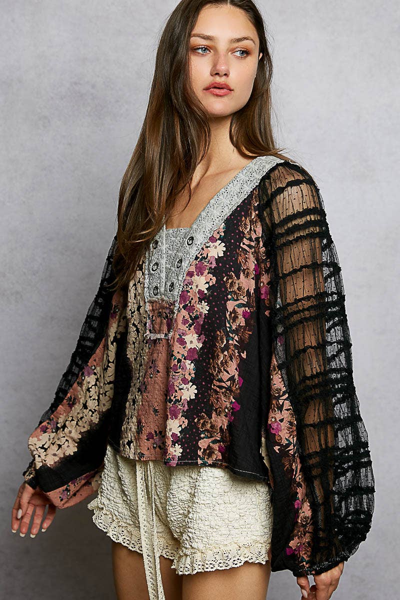 Long Sleeve Lace Contrast Printed Woven Top-110 Long Sleeve Top-Pol Clothing-The Lovely Closet, Women's Fashion Boutique in Alexandria, KY