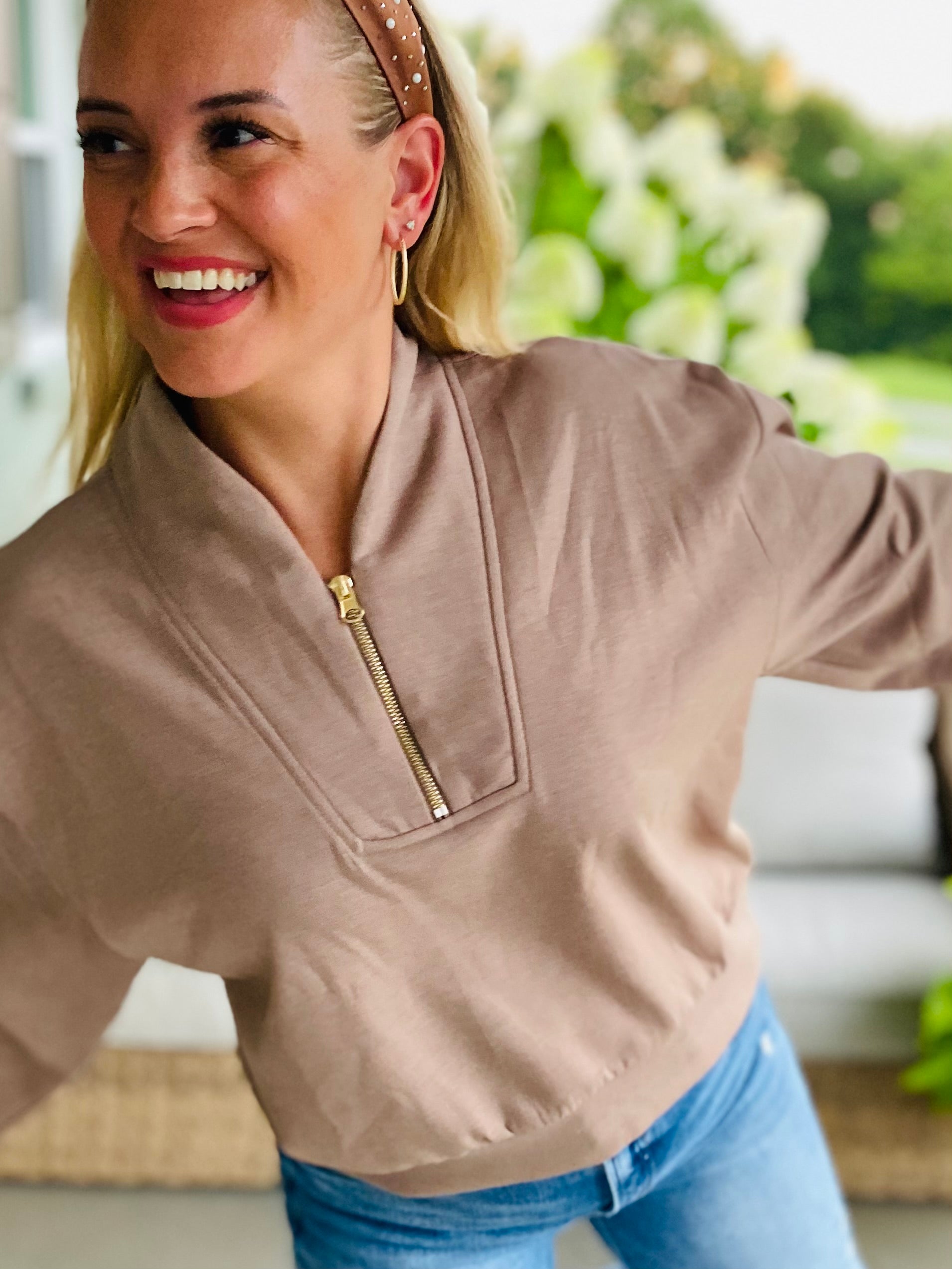Lux 3/4 Front Zip Pullover - Taupe-110 Long Sleeve Top-zenana-The Lovely Closet, Women's Fashion Boutique in Alexandria, KY