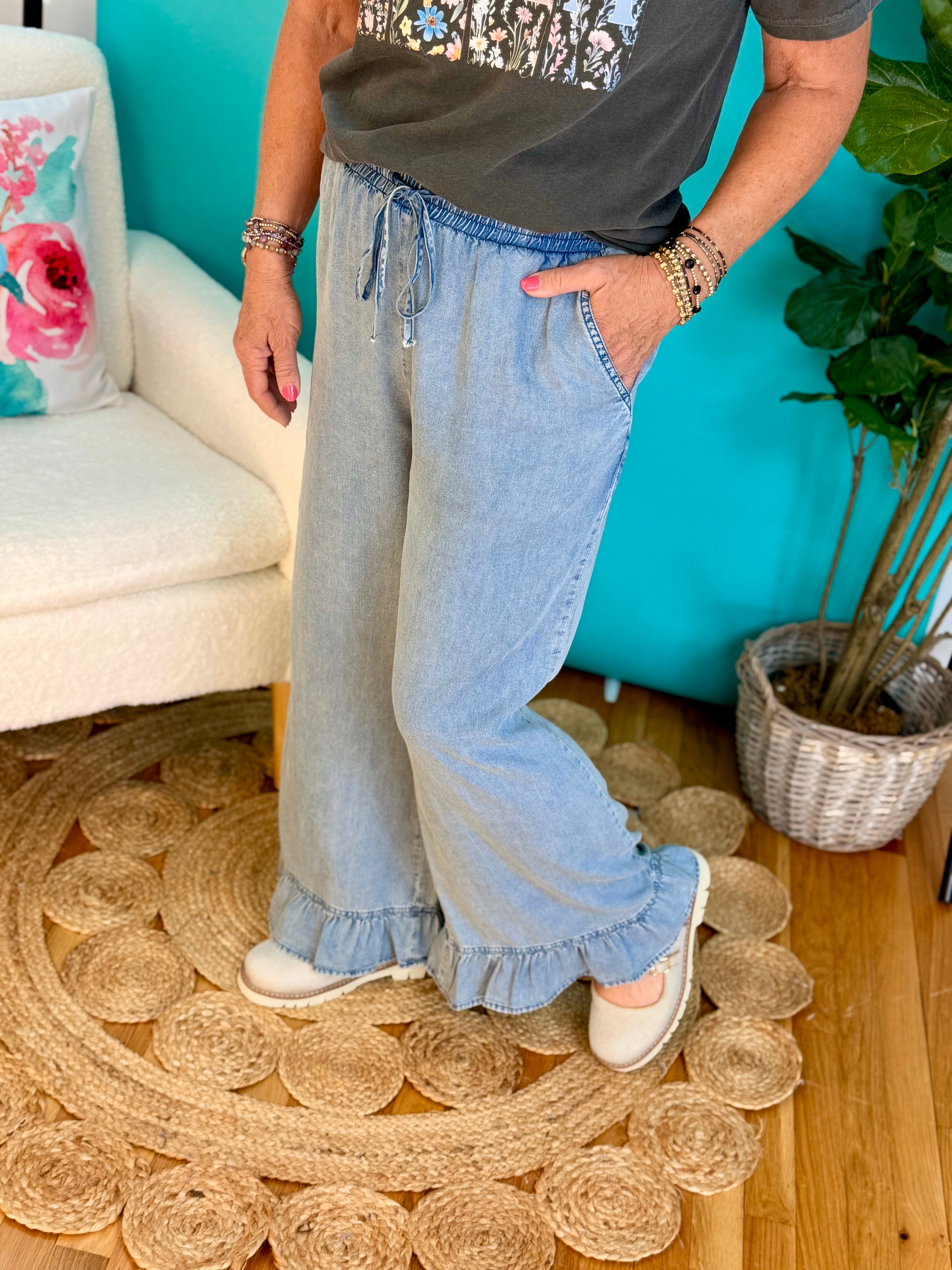 Good Days Only Denim Ruffle Pants-240 Pants-Doe and Rae-The Lovely Closet, Women's Fashion Boutique in Alexandria, KY