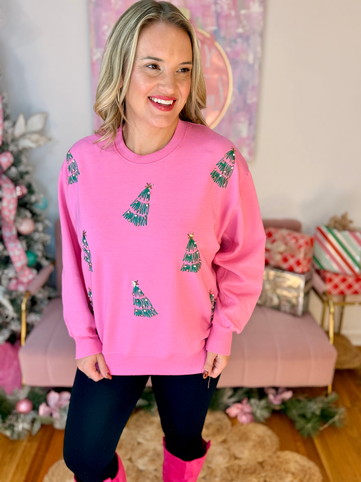 Sarah Green Trees Sweatshirt - Pink-110 Long Sleeve Top-Mary square-The Lovely Closet, Women's Fashion Boutique in Alexandria, KY
