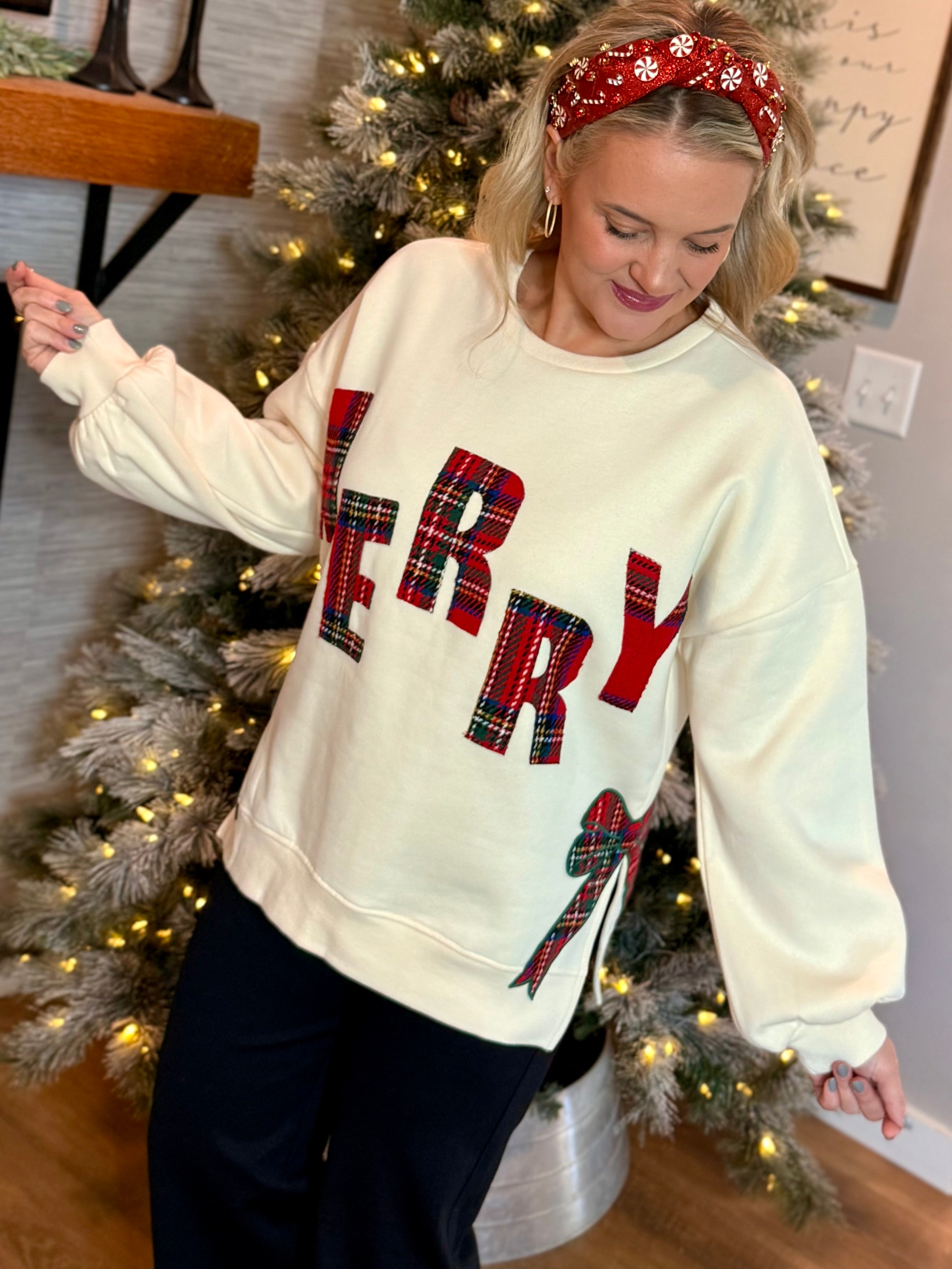 Plaid Merry Applique Pullover-110 Long Sleeve Top-Bibi-The Lovely Closet, Women's Fashion Boutique in Alexandria, KY