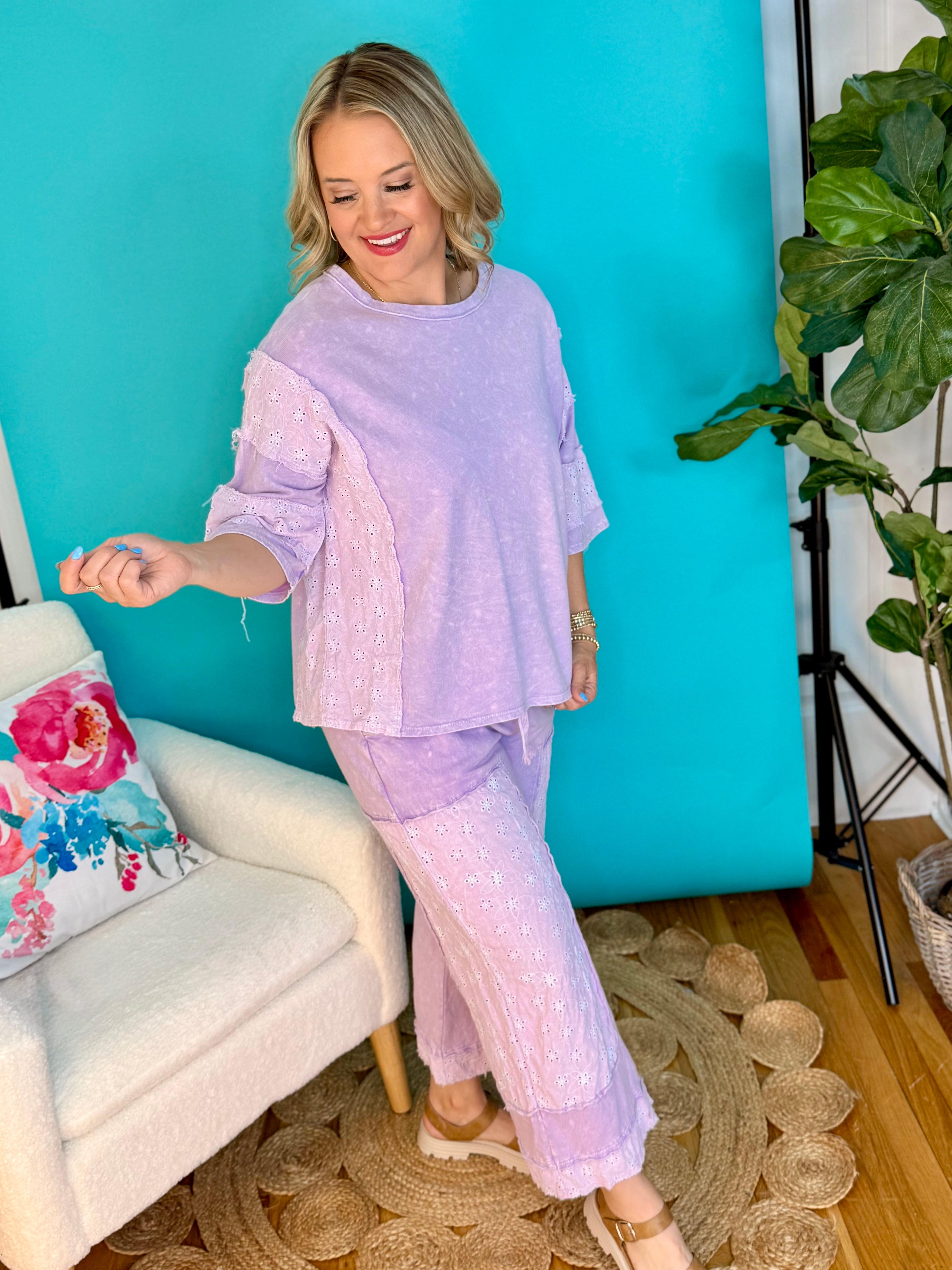 Mineral Washed Eyelet Lace Pants - Lavender-240 Pants-J.Her-The Lovely Closet, Women's Fashion Boutique in Alexandria, KY