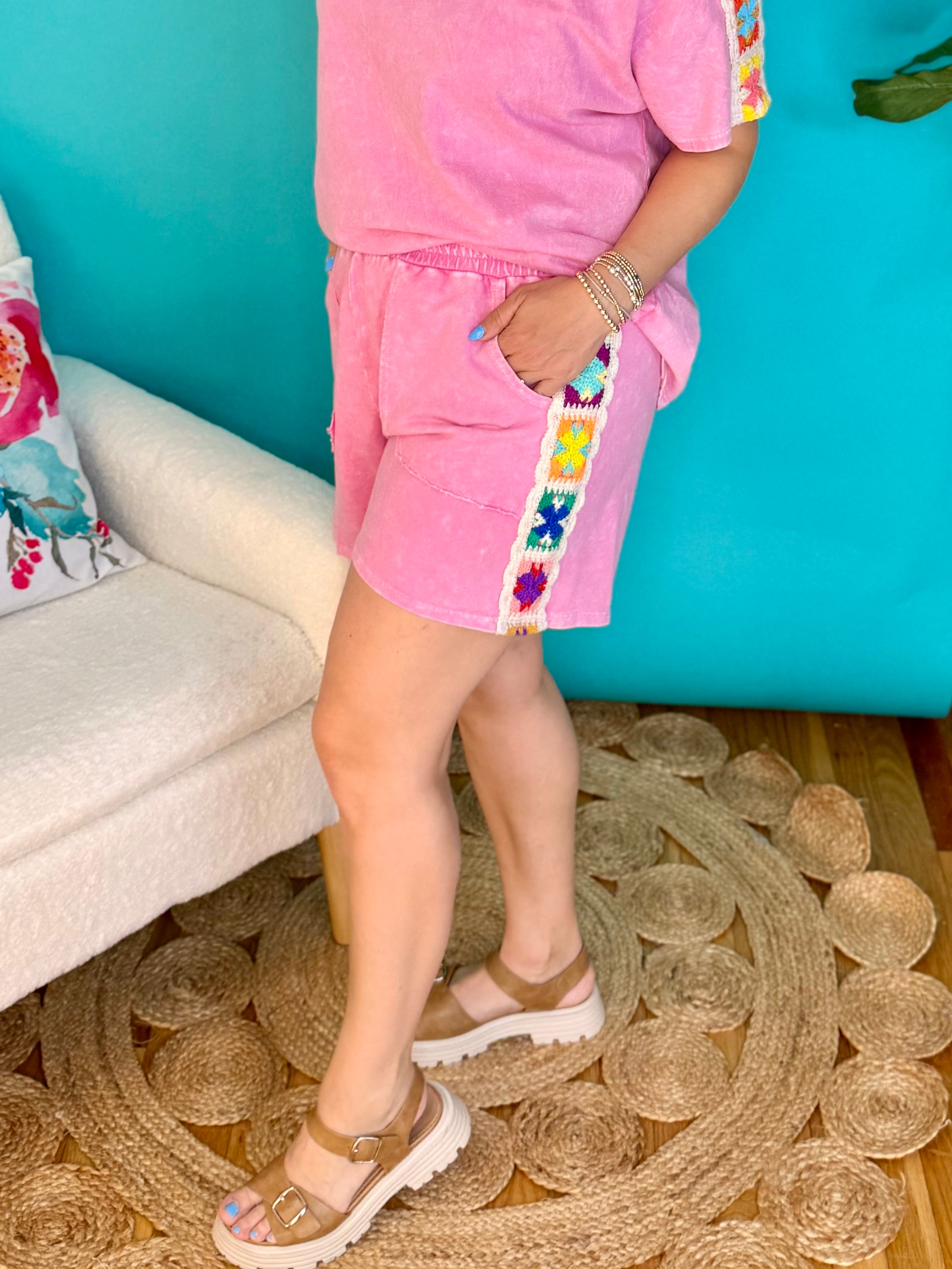 Mineral Washed Crochet Patch Shorts-230 Skirts/Shorts-J.Her-The Lovely Closet, Women's Fashion Boutique in Alexandria, KY