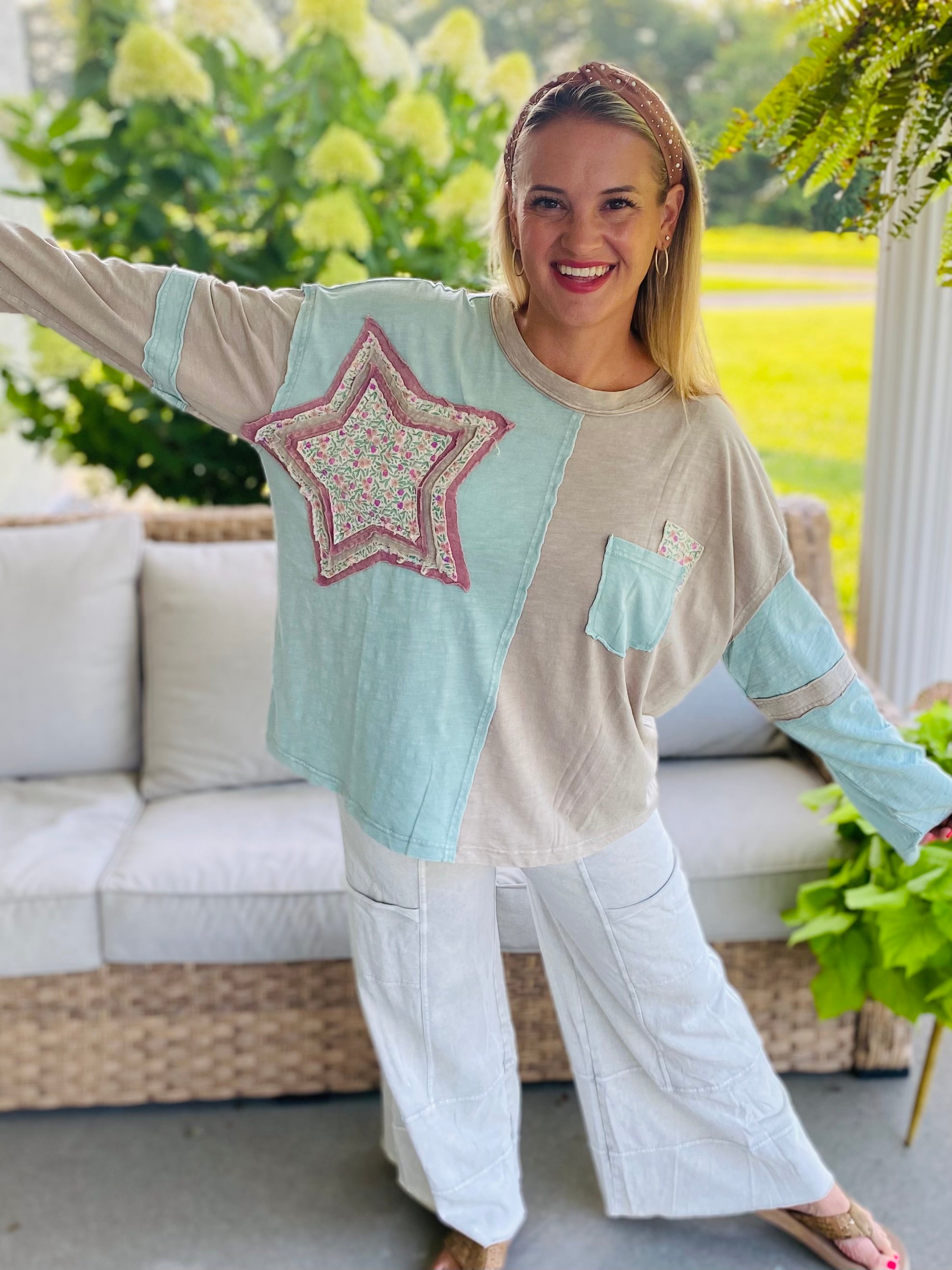 Starlight Bloom Top - Lt. Teal-110 Long Sleeve Top-easel-The Lovely Closet, Women's Fashion Boutique in Alexandria, KY
