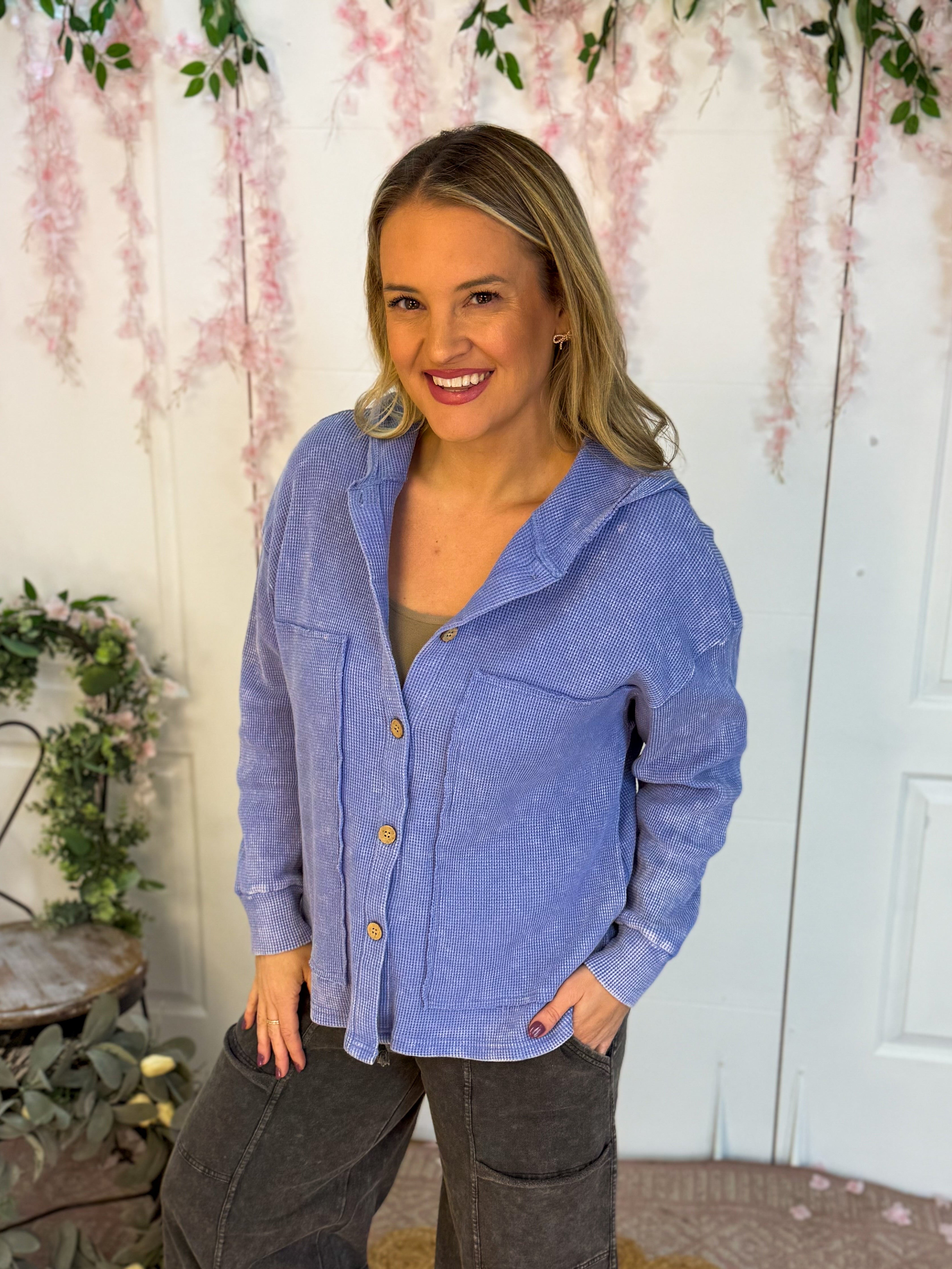 Waffle Knit Hooded Jacket-110 Long Sleeve Top-bibi-The Lovely Closet, Women's Fashion Boutique in Alexandria, KY