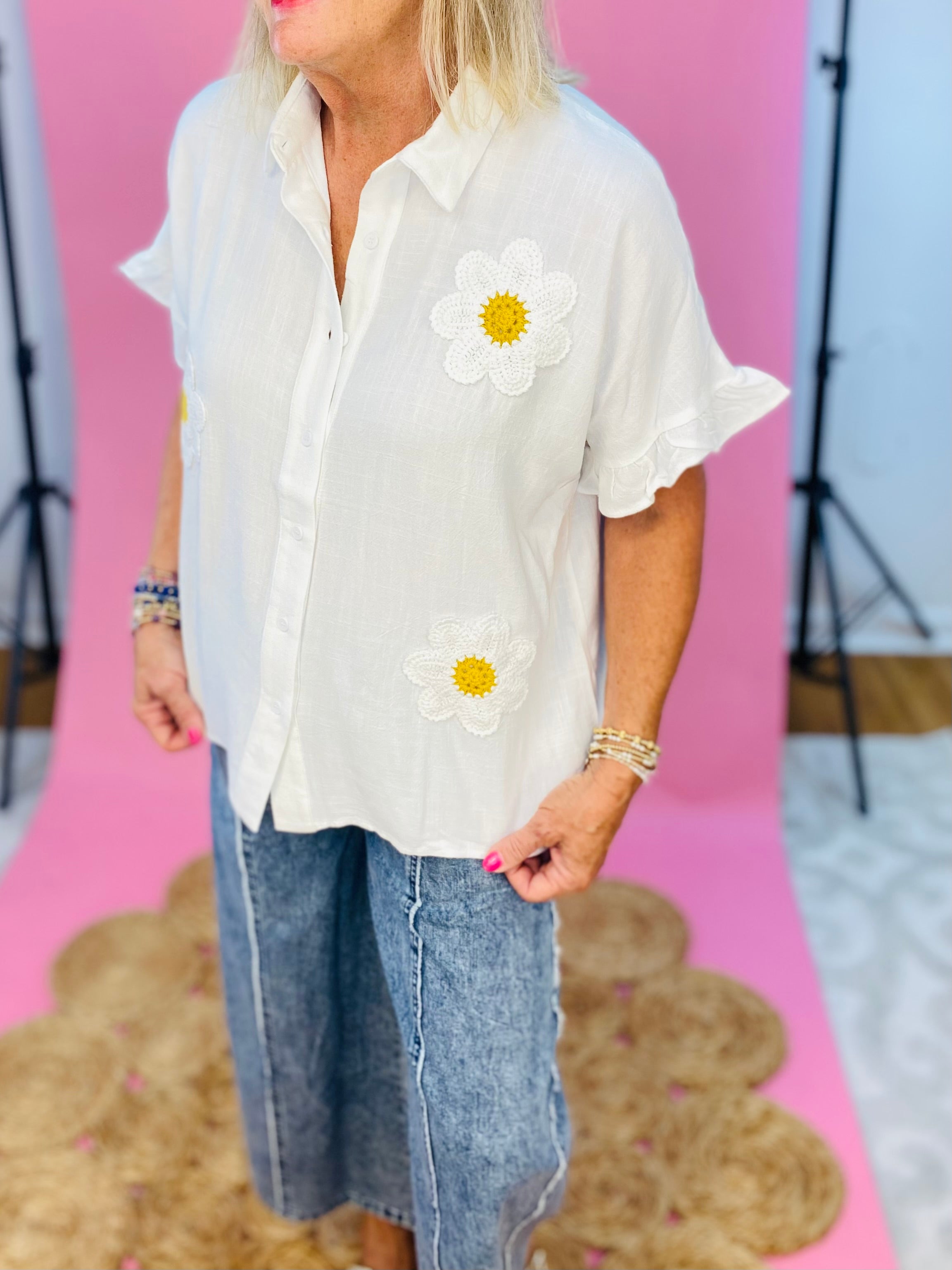 Floral Crochet Linen Blend Top-100 Short Sleeve Tops-Anniewear-The Lovely Closet, Women's Fashion Boutique in Alexandria, KY