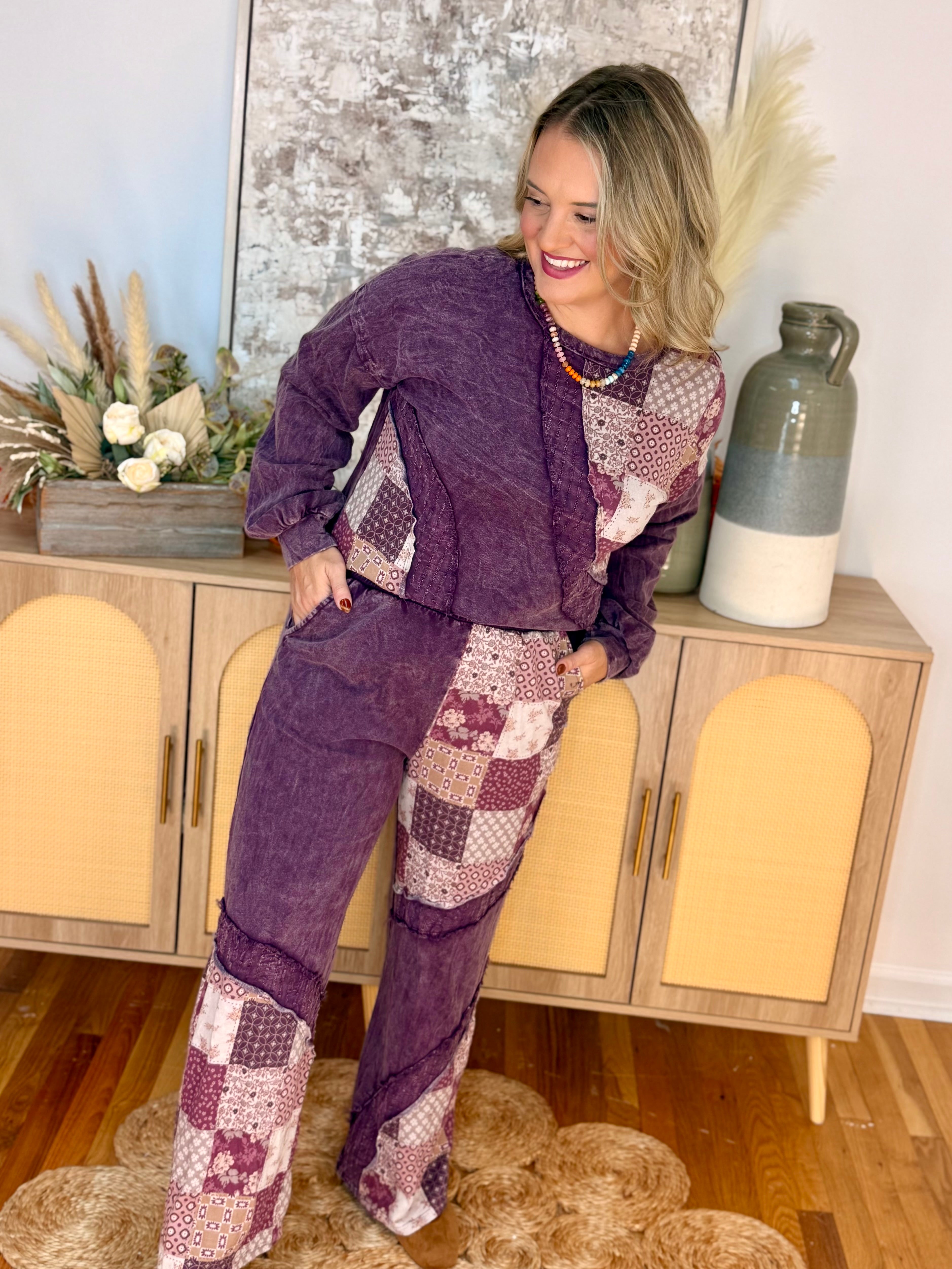 Mineral Wash Patchwork Swirl Pants-240 Pants-jHer-The Lovely Closet, Women's Fashion Boutique in Alexandria, KY