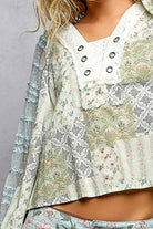 Long Sleeve Lace Contrast Printed Woven Top-110 Long Sleeve Top-Pol Clothing-The Lovely Closet, Women's Fashion Boutique in Alexandria, KY