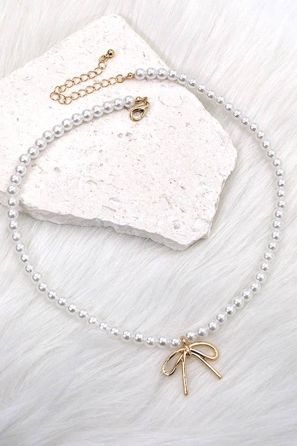 Pearl Bow Necklace with Bow Charm-280 Accessories-JOSSLYN by wall to wall-The Lovely Closet, Women's Fashion Boutique in Alexandria, KY