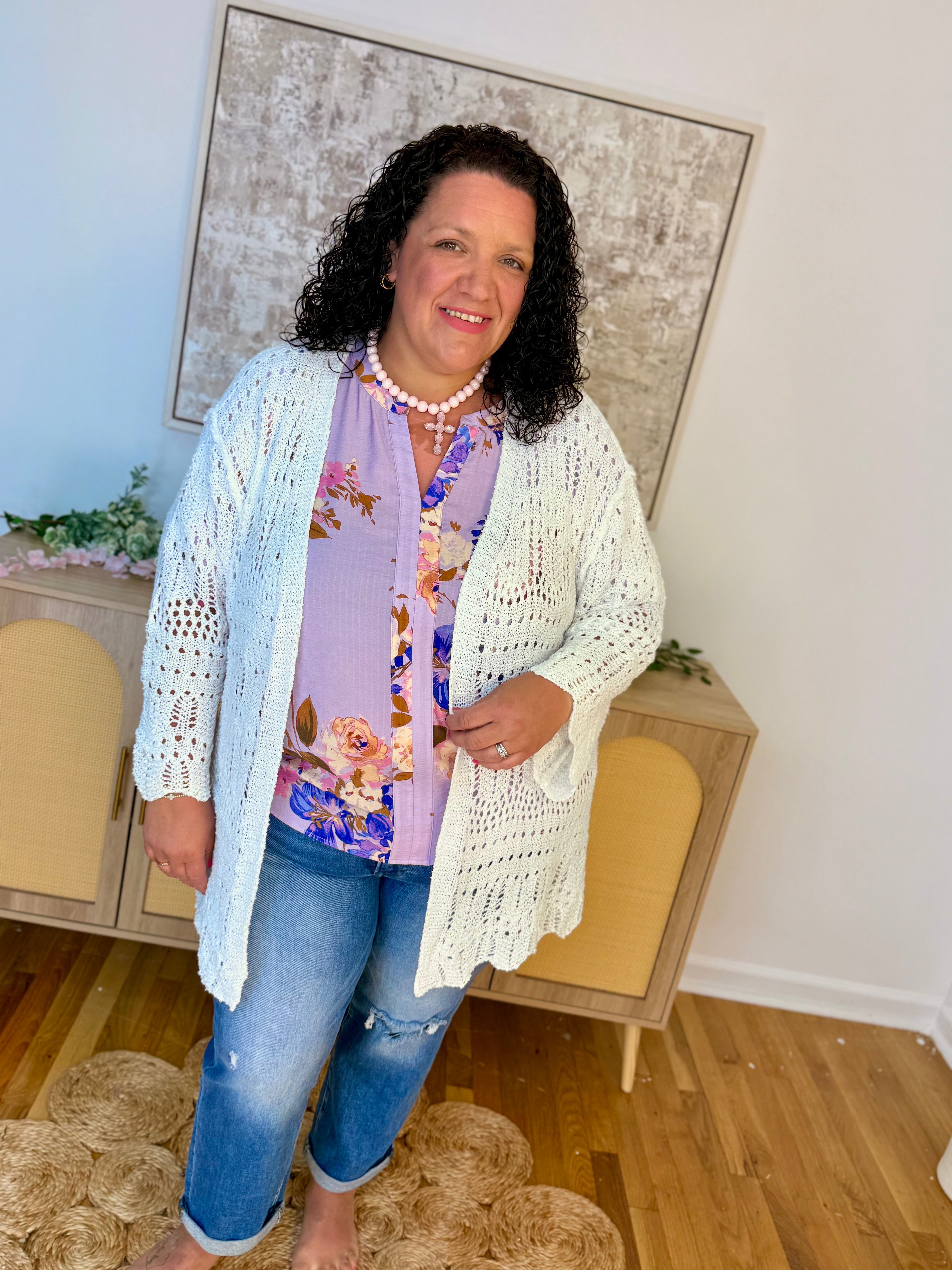 Open Knit Cardigan Sweater - White-160 Cardigan/Kimonos-Pol Clothing-The Lovely Closet, Women's Fashion Boutique in Alexandria, KY