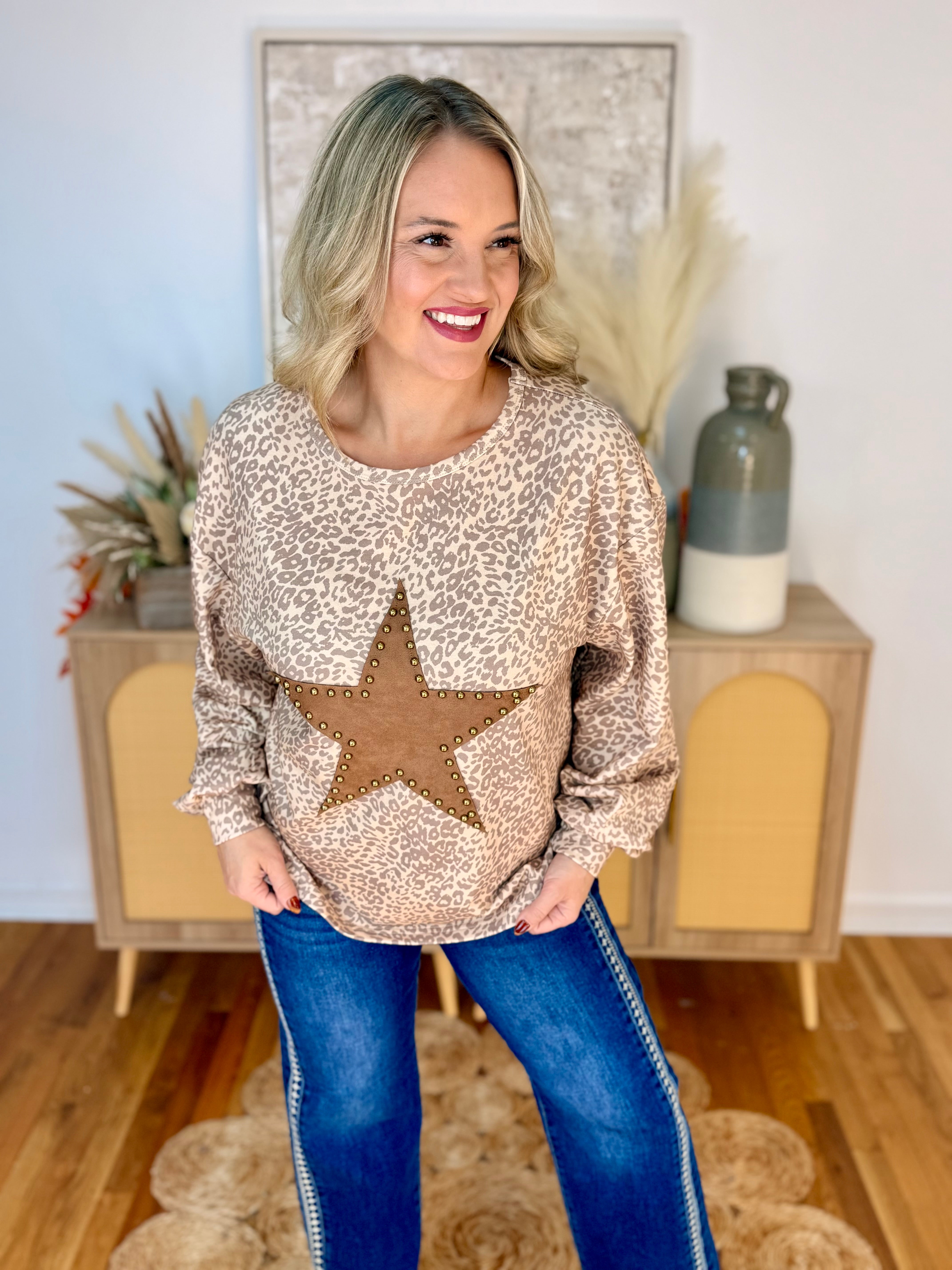 Leopard Print Studded Star Patch Top-110 Long Sleeve Top-Kori America-The Lovely Closet, Women's Fashion Boutique in Alexandria, KY