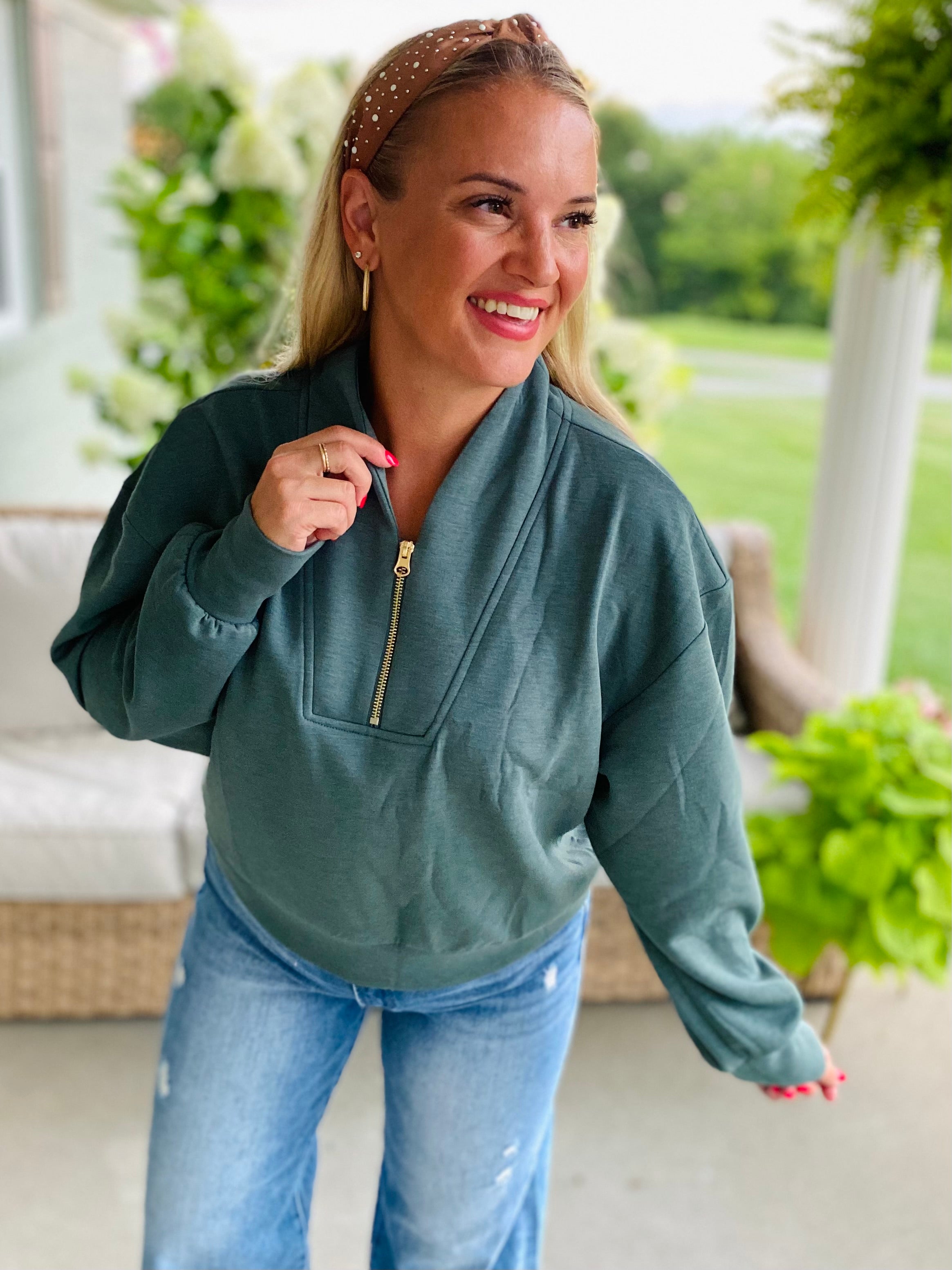 Lux 3/4 Front Zip Pullover - Teal-110 Long Sleeve Top-zenana-The Lovely Closet, Women's Fashion Boutique in Alexandria, KY