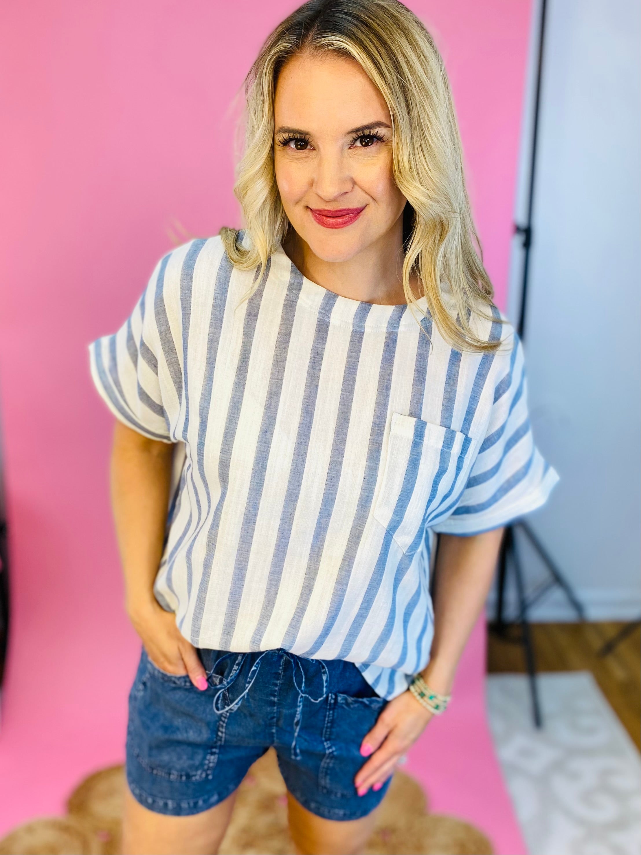 Where My Beaches At Top - Blue Stripe-100 Short Sleeve Tops-eesome-The Lovely Closet, Women's Fashion Boutique in Alexandria, KY