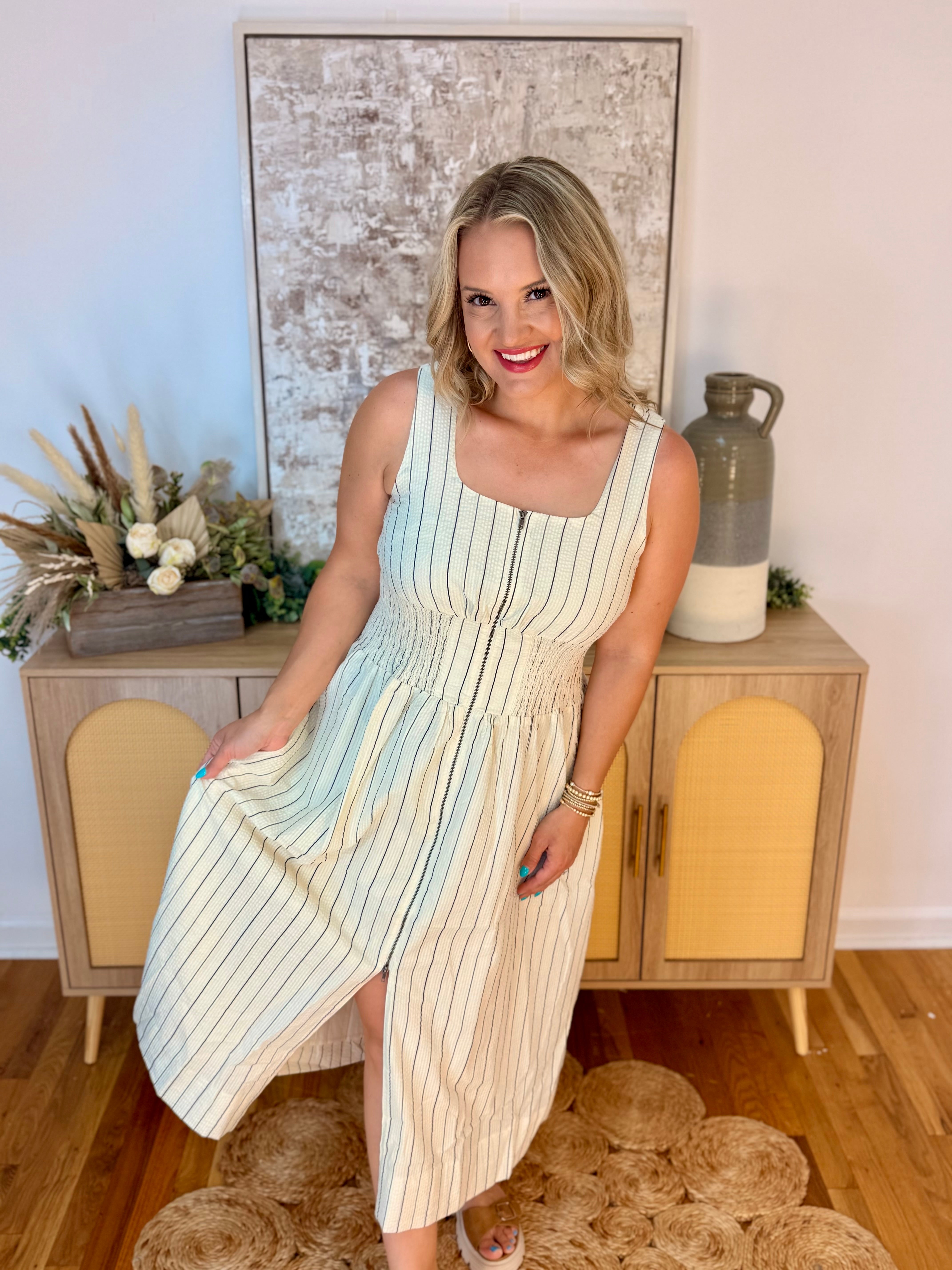 Neutral Zone Zip Front Midi Dress-180 Dresses-Doe and Rae-The Lovely Closet, Women's Fashion Boutique in Alexandria, KY