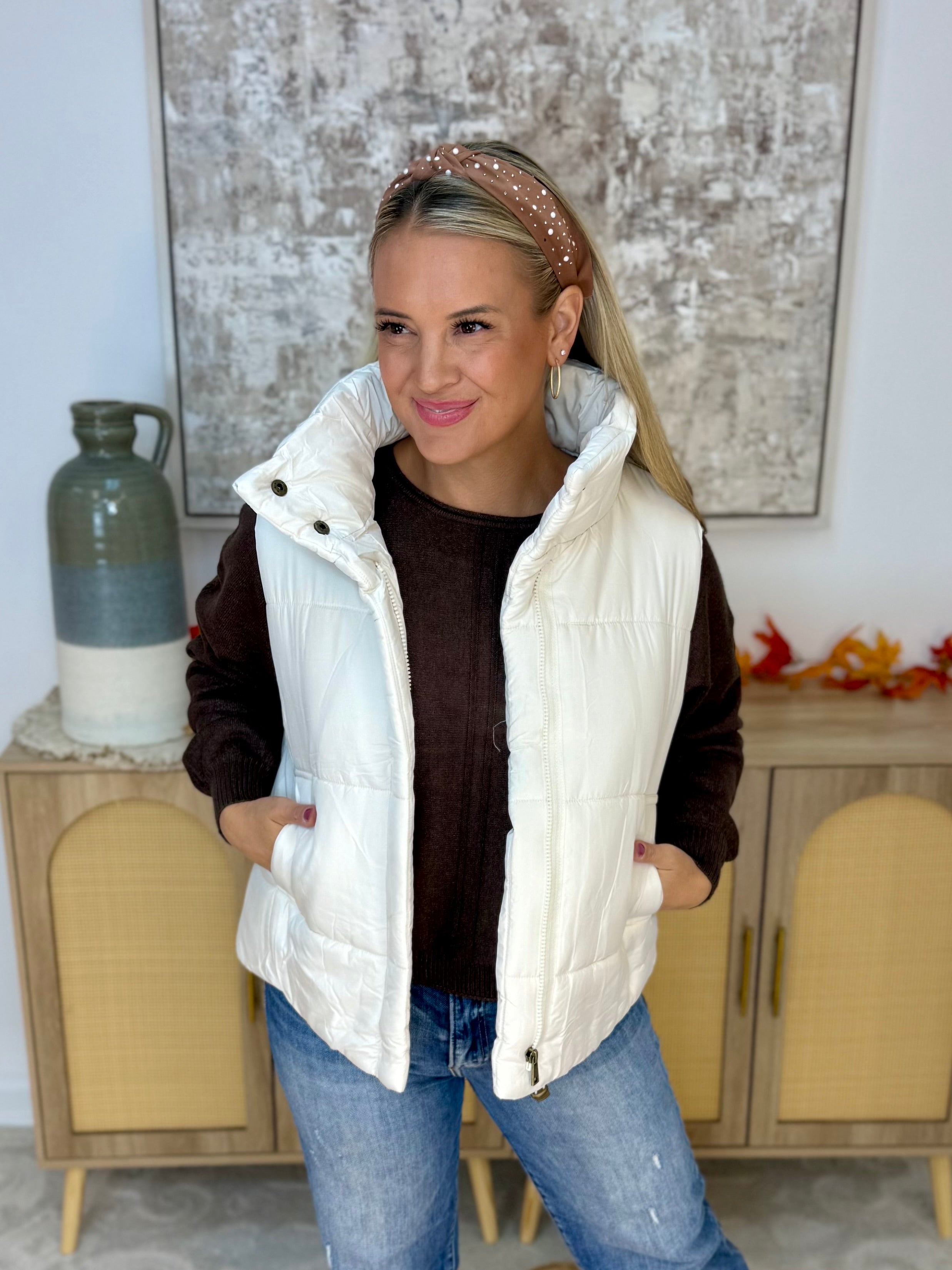 Weekend Puffer Vest - Cream-170 Jackets/Outerwear-zenana-The Lovely Closet, Women's Fashion Boutique in Alexandria, KY