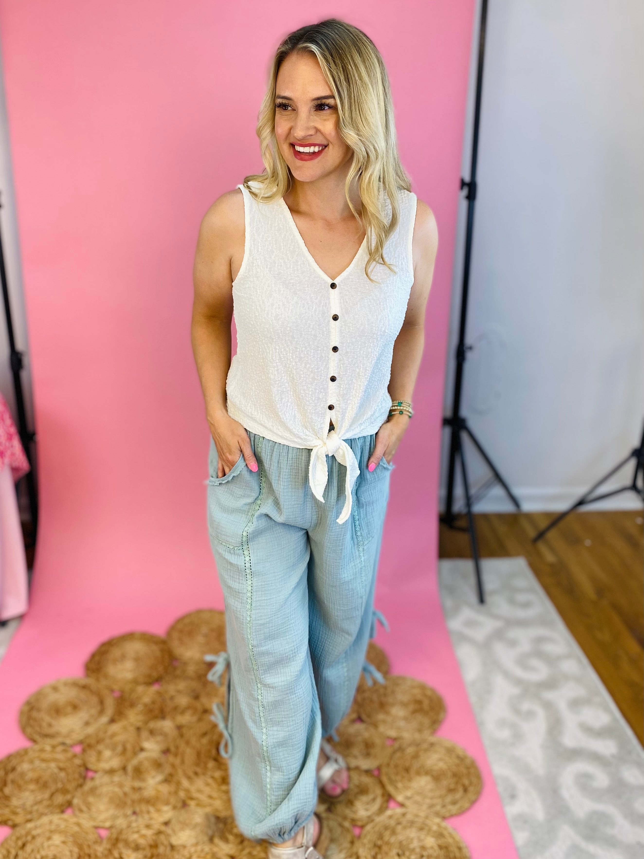 Walk on the Beach Side Tie Pants - Sea Glass-240 Pants-Epsom-The Lovely Closet, Women's Fashion Boutique in Alexandria, KY
