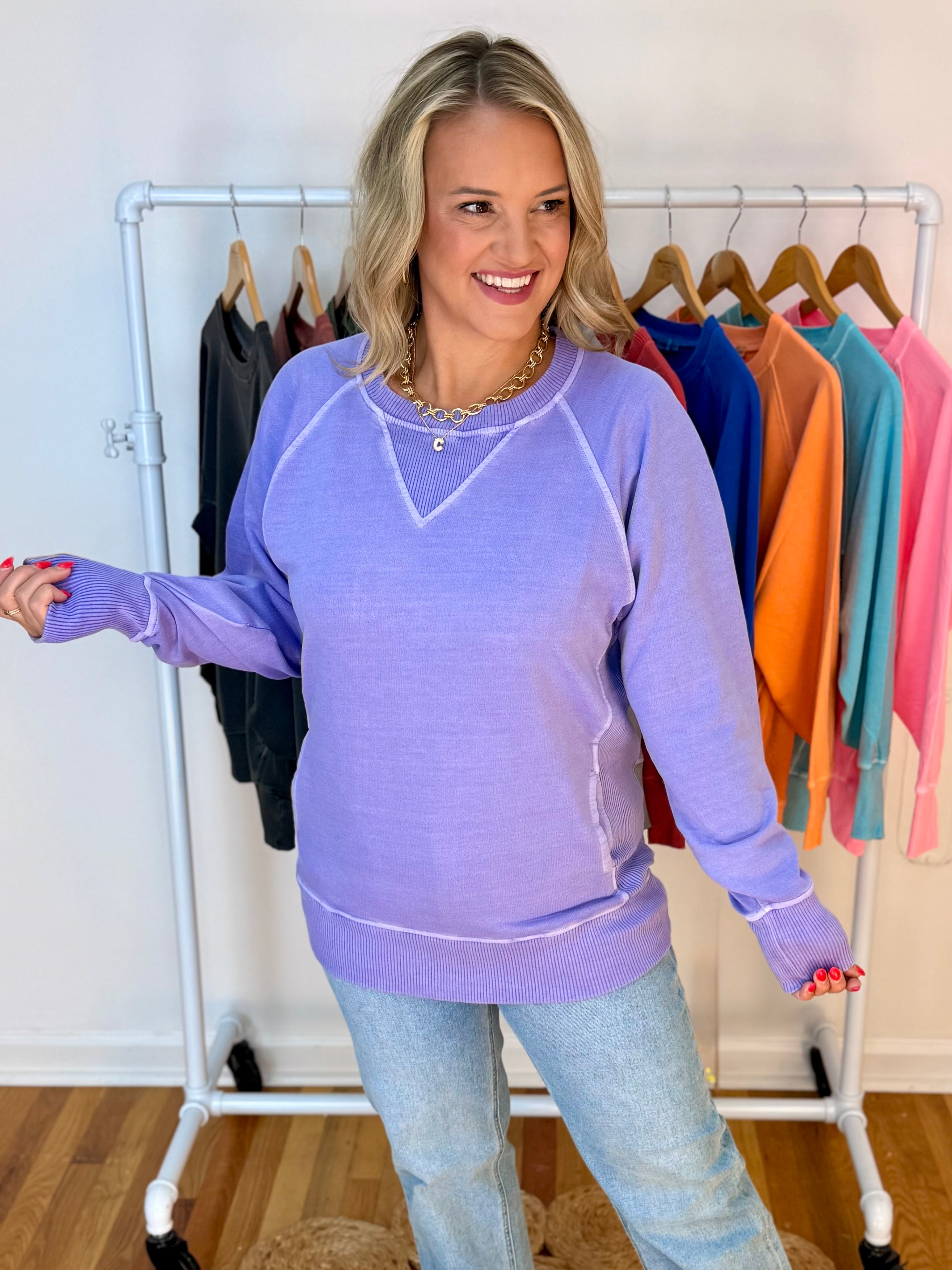 Keeping it Casual Pullover 2026 - Lavender-150 Sweatshirts-zenana-The Lovely Closet, Women's Fashion Boutique in Alexandria, KY