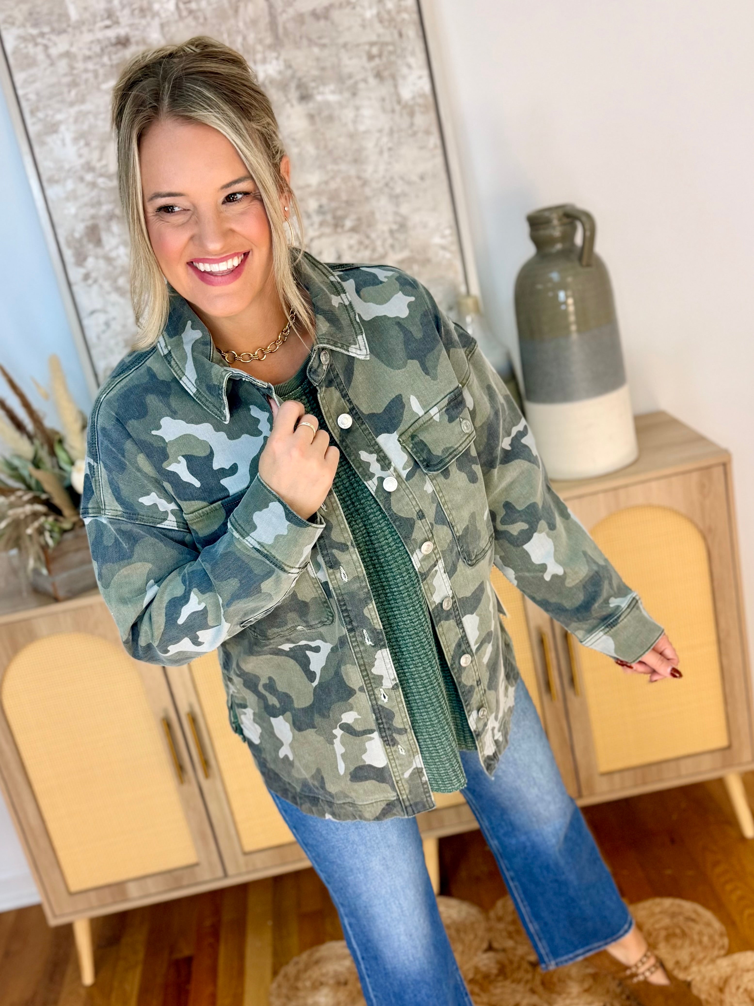 Camo Oversized Denim Jacket-Shackets-Mica Denim-The Lovely Closet, Women's Fashion Boutique in Alexandria, KY