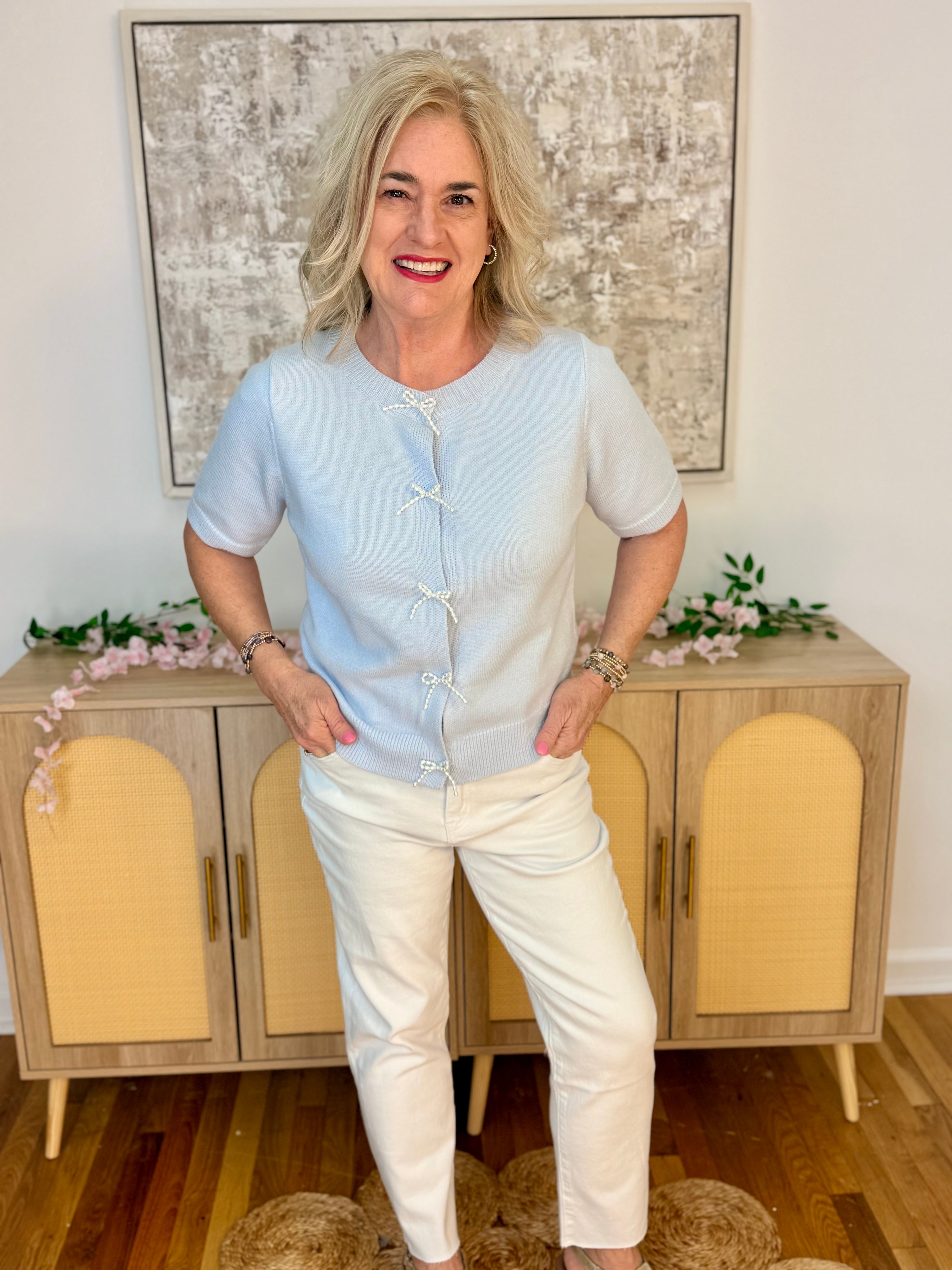 Dainty Pearl Bow Cardigan - Lt. Blue-160 Cardigan/Kimonos-Doe and Rae-The Lovely Closet, Women's Fashion Boutique in Alexandria, KY