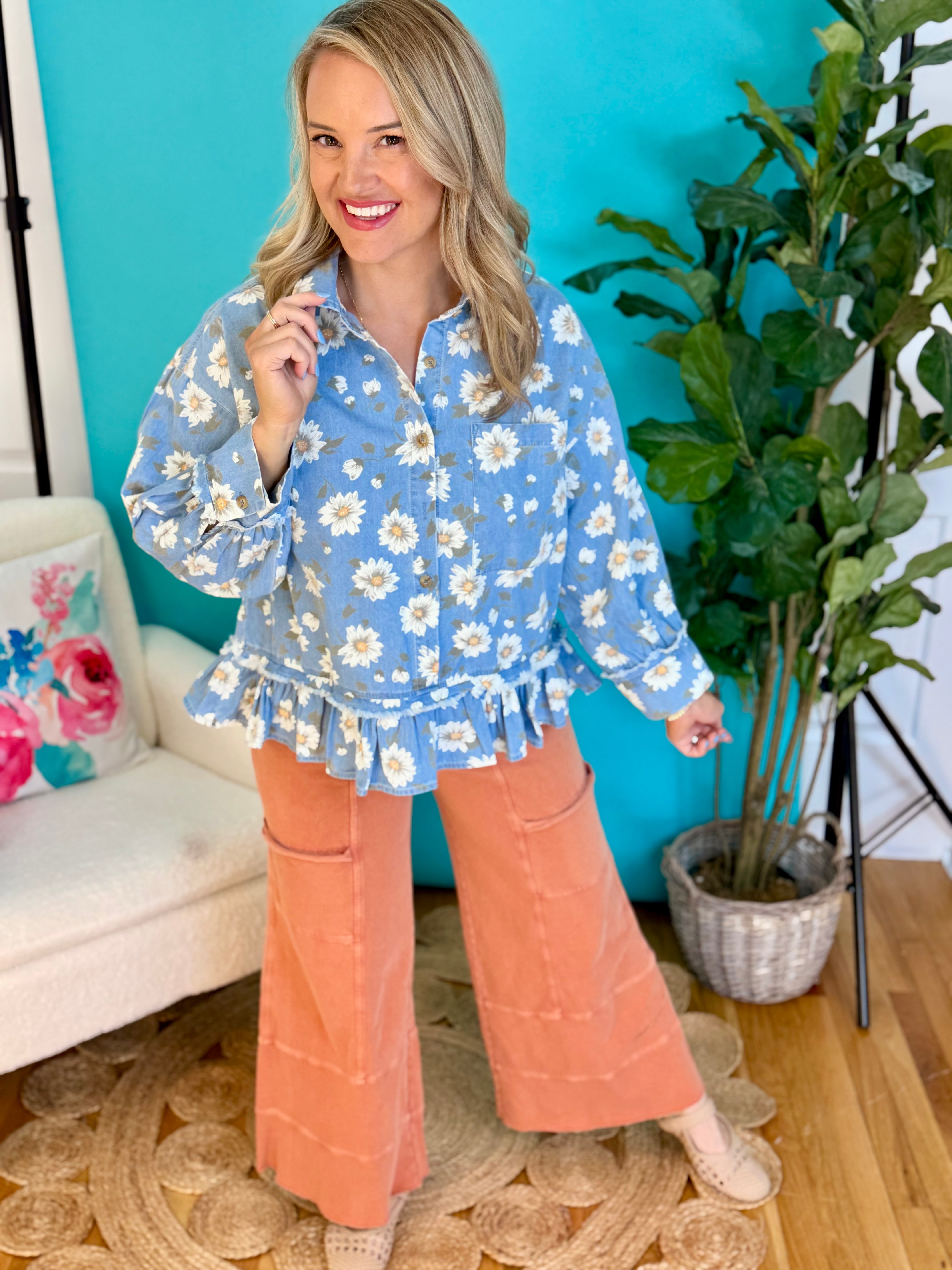 Daisy Print Denim Top-110 Long Sleeve Top-easel-The Lovely Closet, Women's Fashion Boutique in Alexandria, KY