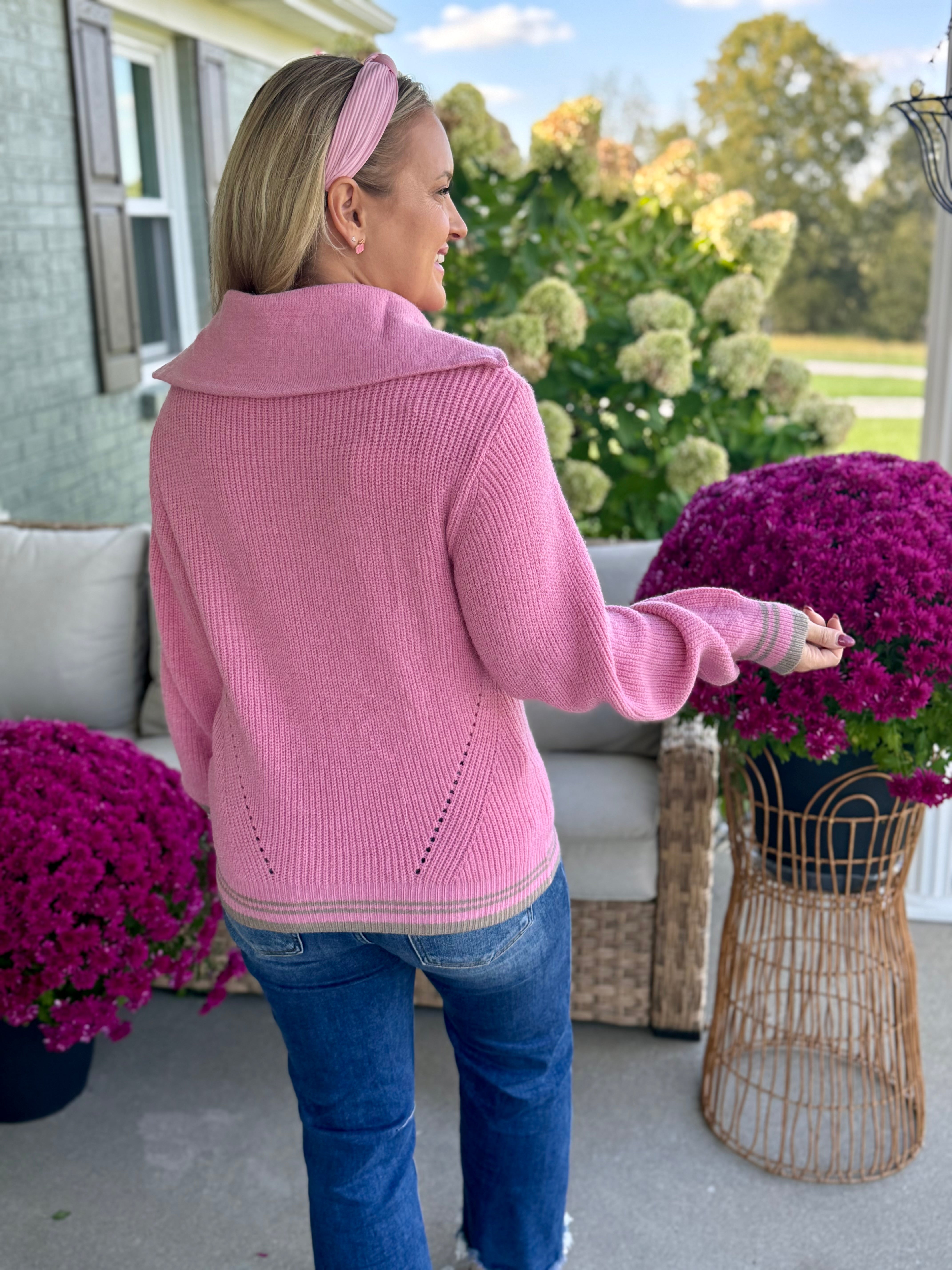 Pink Perfection Quarter Zip Sweater-140 Sweaters-Donation Pink-The Lovely Closet, Women's Fashion Boutique in Alexandria, KY