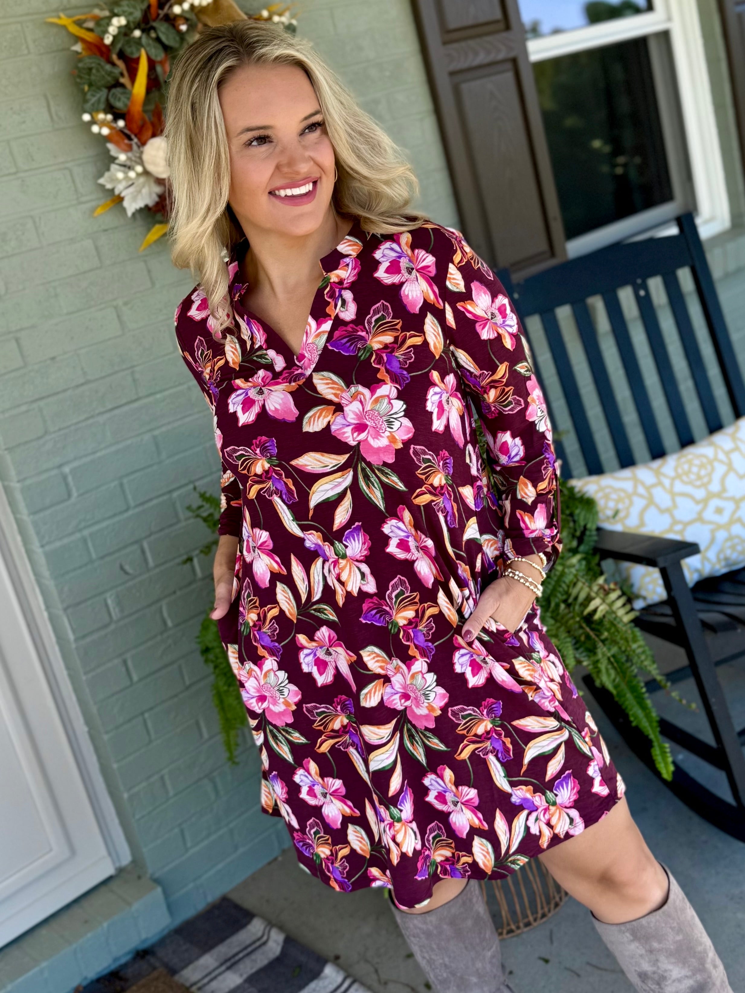 FINAL SALE - Everly Essential Dress - Deep Plum Floral Print-180 Dresses-Dear Scarlett-The Lovely Closet, Women's Fashion Boutique in Alexandria, KY