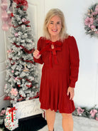 Christmas Velvet Bow Cable Sweater Dress-110 Long Sleeve Top-Bibi-The Lovely Closet, Women's Fashion Boutique in Alexandria, KY