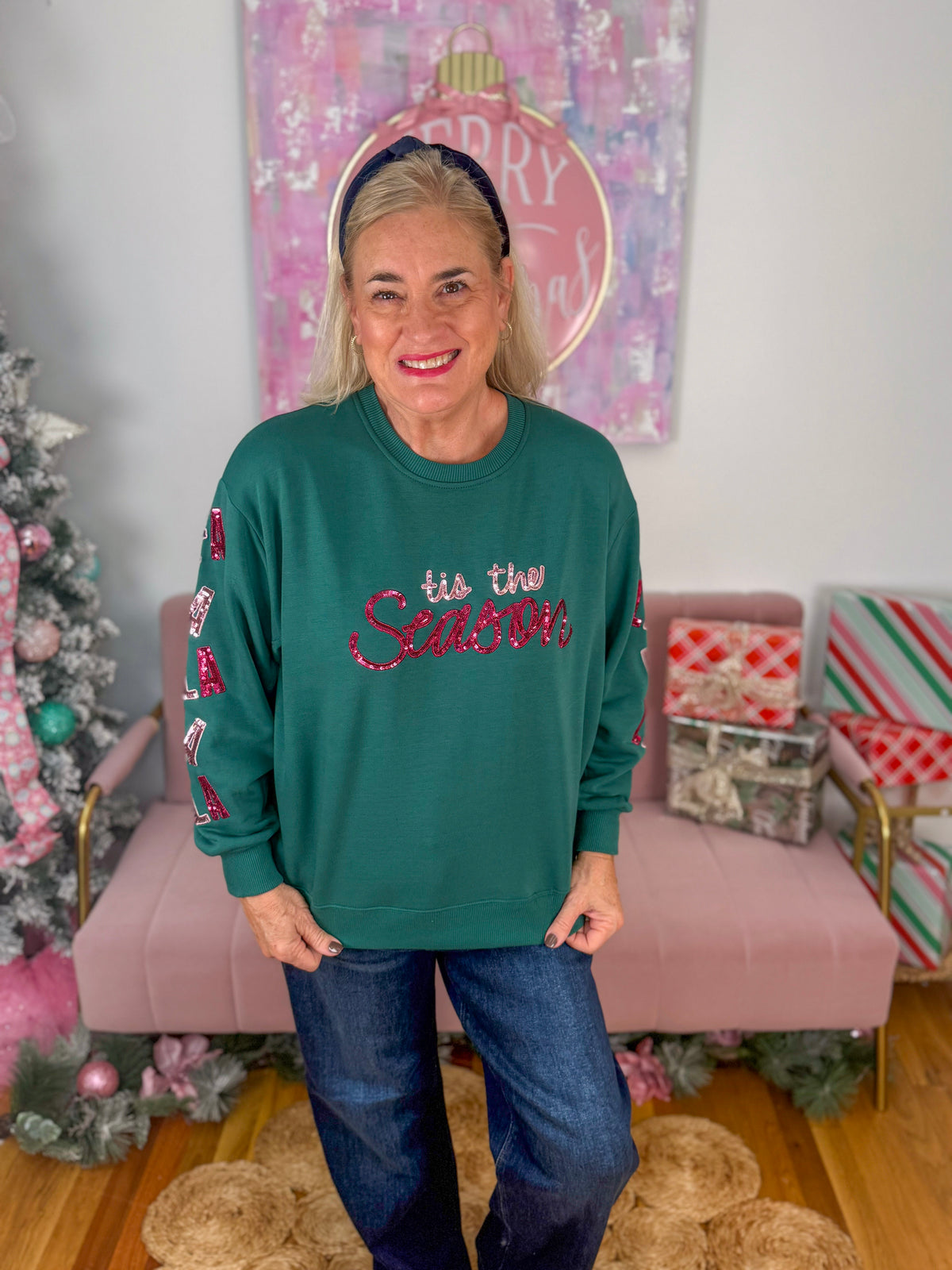 Sarah FaLaLa Season Sweatshirt-110 Long Sleeve Top-Mary square-The Lovely Closet, Women's Fashion Boutique in Alexandria, KY