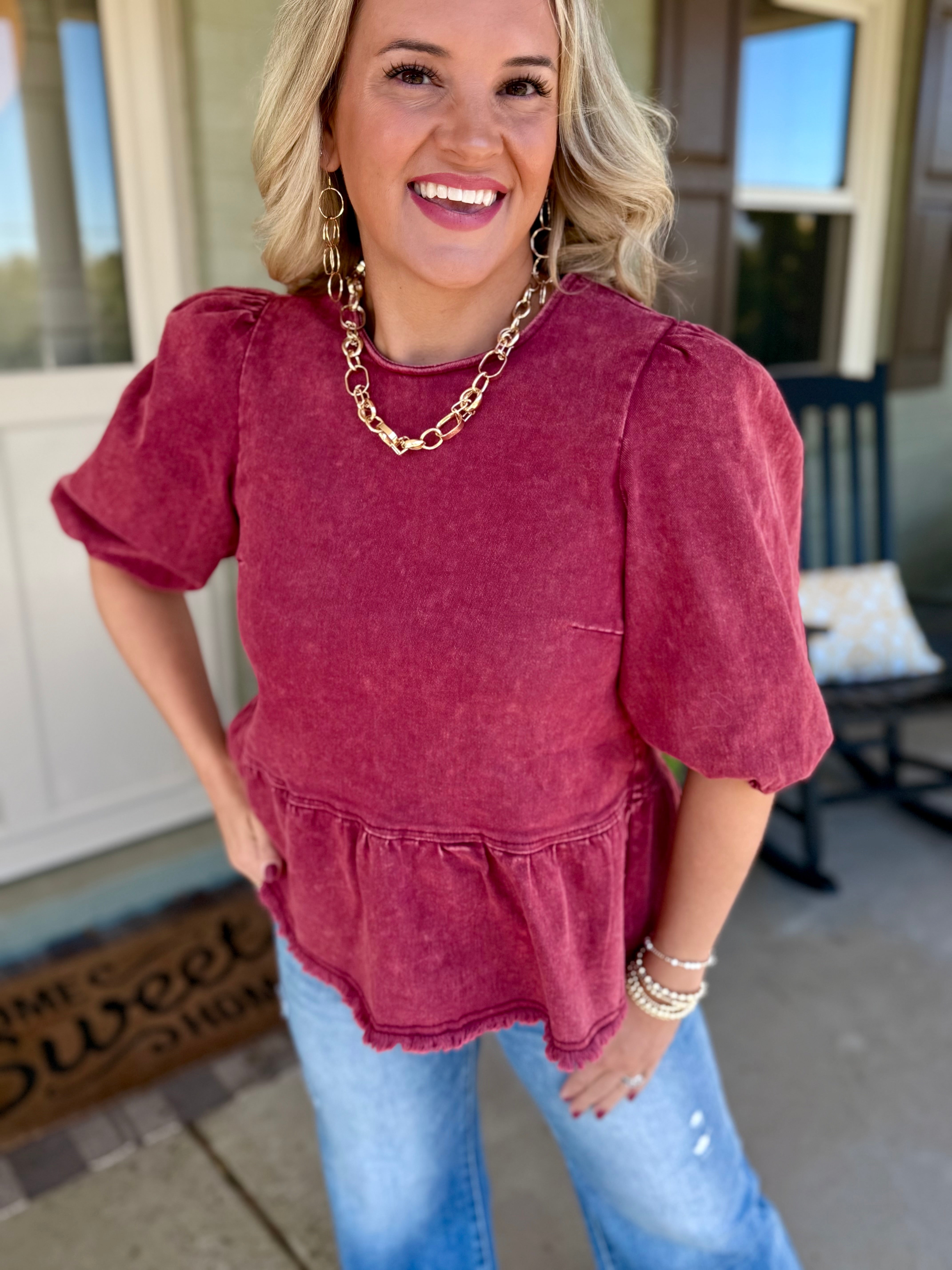 Cider & Cinnamon Washed Denim Top - Garnet-100 Short Sleeve Tops-Anniewear-The Lovely Closet, Women's Fashion Boutique in Alexandria, KY