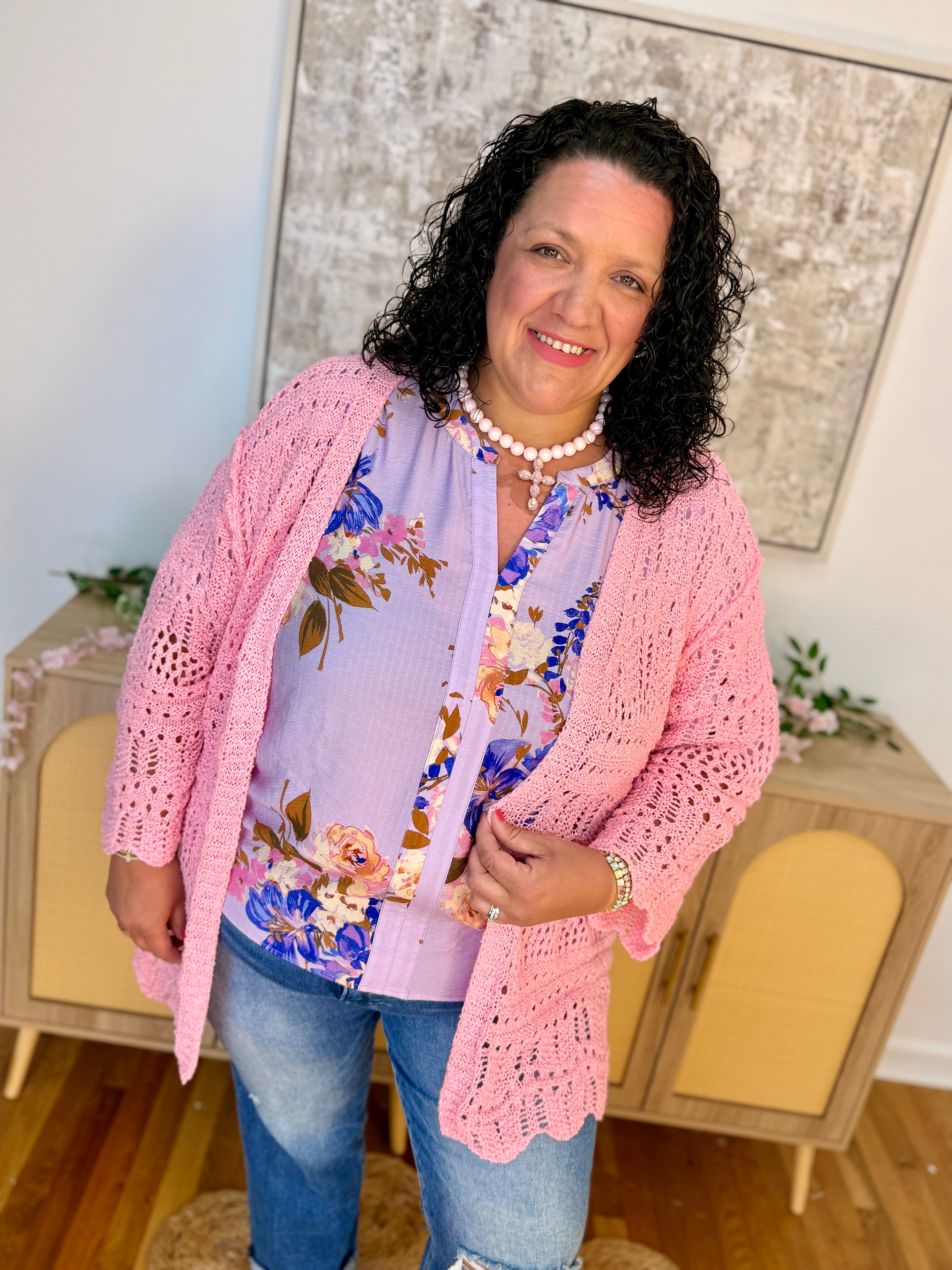 Open Knit Cardigan Sweater - Pink-160 Cardigan/Kimonos-Pol Clothing-The Lovely Closet, Women's Fashion Boutique in Alexandria, KY