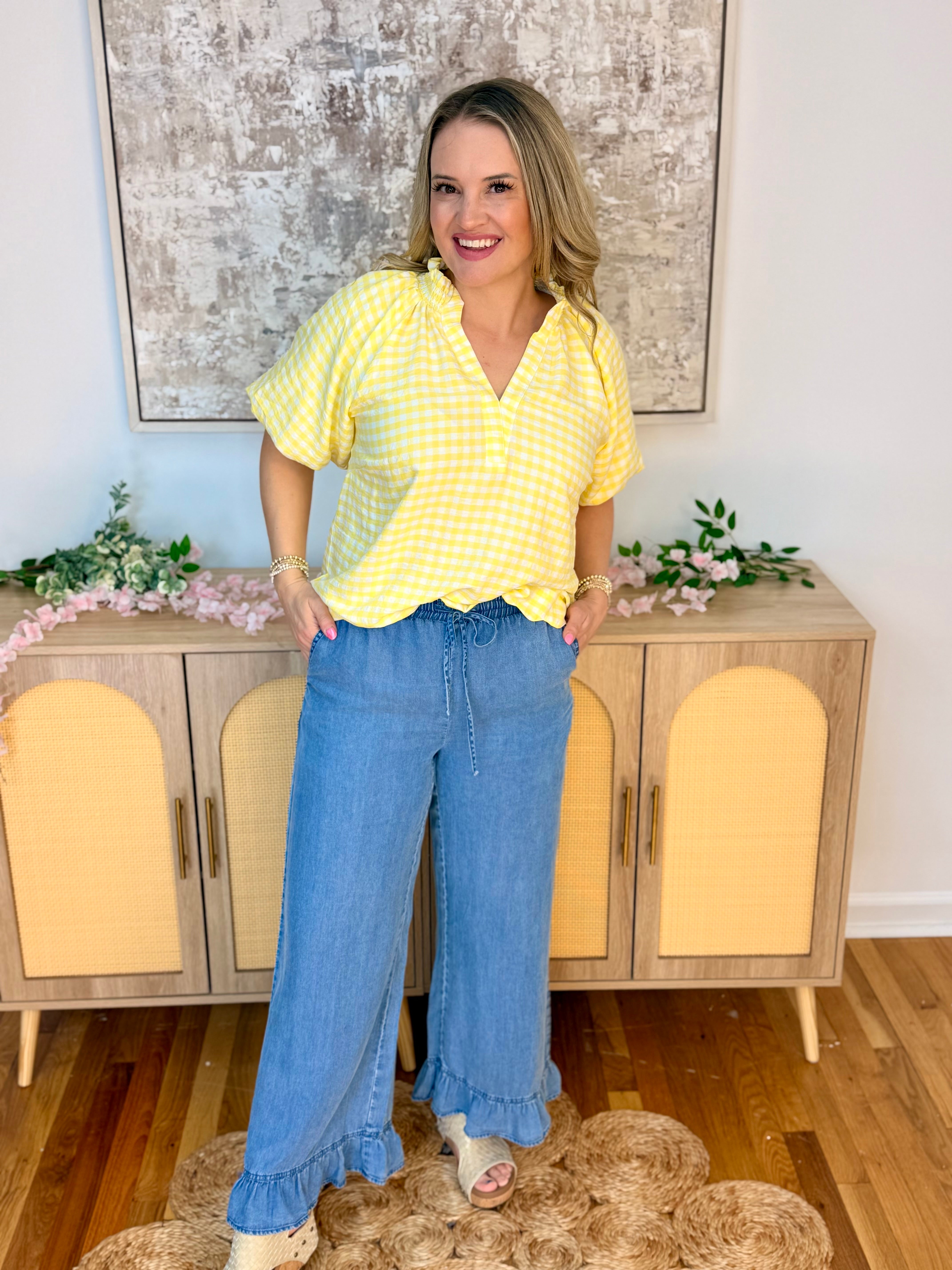 Good Days Only Denim Ruffle Pants-240 Pants-Doe and Rae-The Lovely Closet, Women's Fashion Boutique in Alexandria, KY