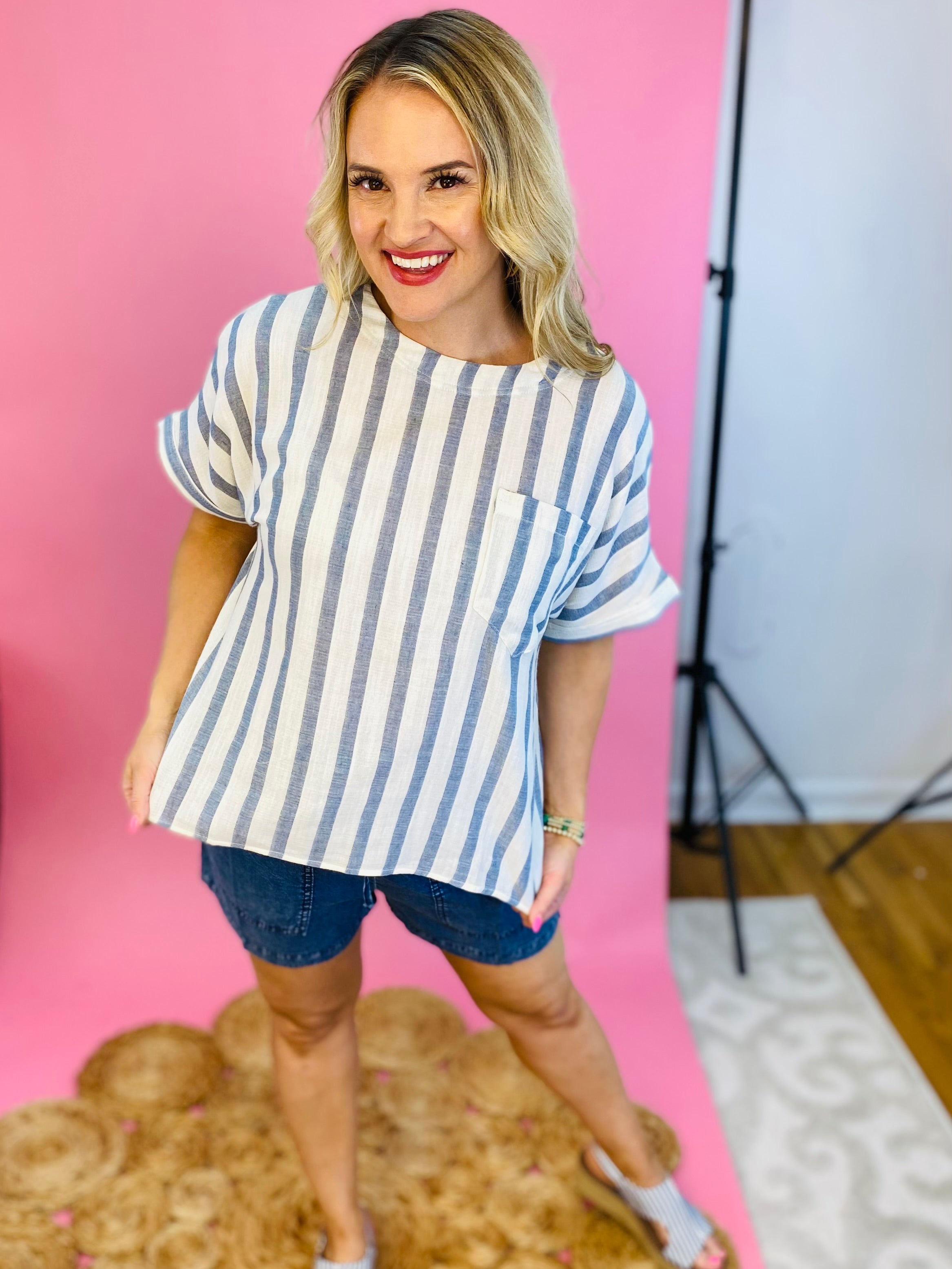 Where My Beaches At Top - Blue Stripe-100 Short Sleeve Tops-eesome-The Lovely Closet, Women's Fashion Boutique in Alexandria, KY