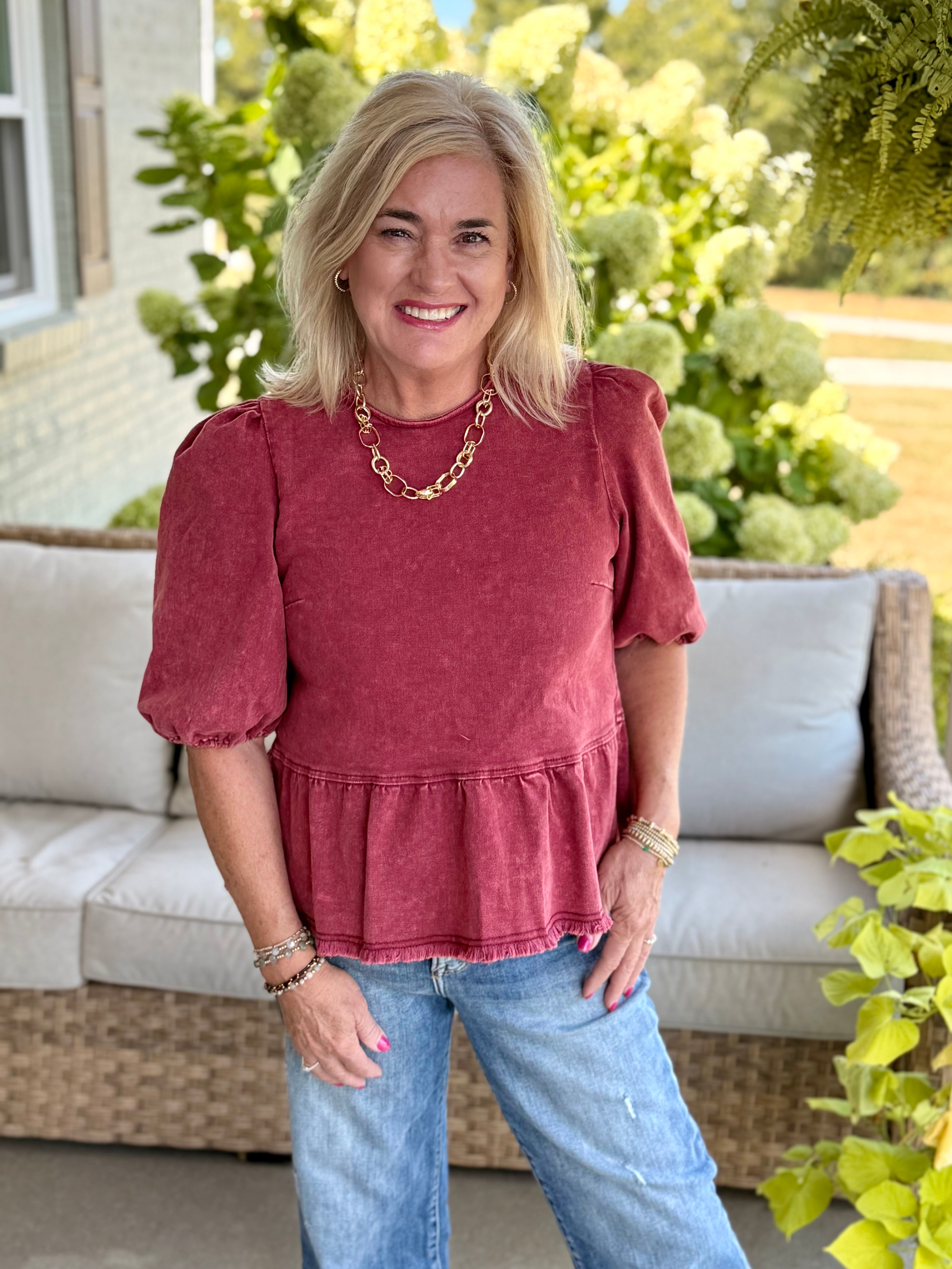 Cider & Cinnamon Washed Denim Top - Garnet-100 Short Sleeve Tops-Anniewear-The Lovely Closet, Women's Fashion Boutique in Alexandria, KY