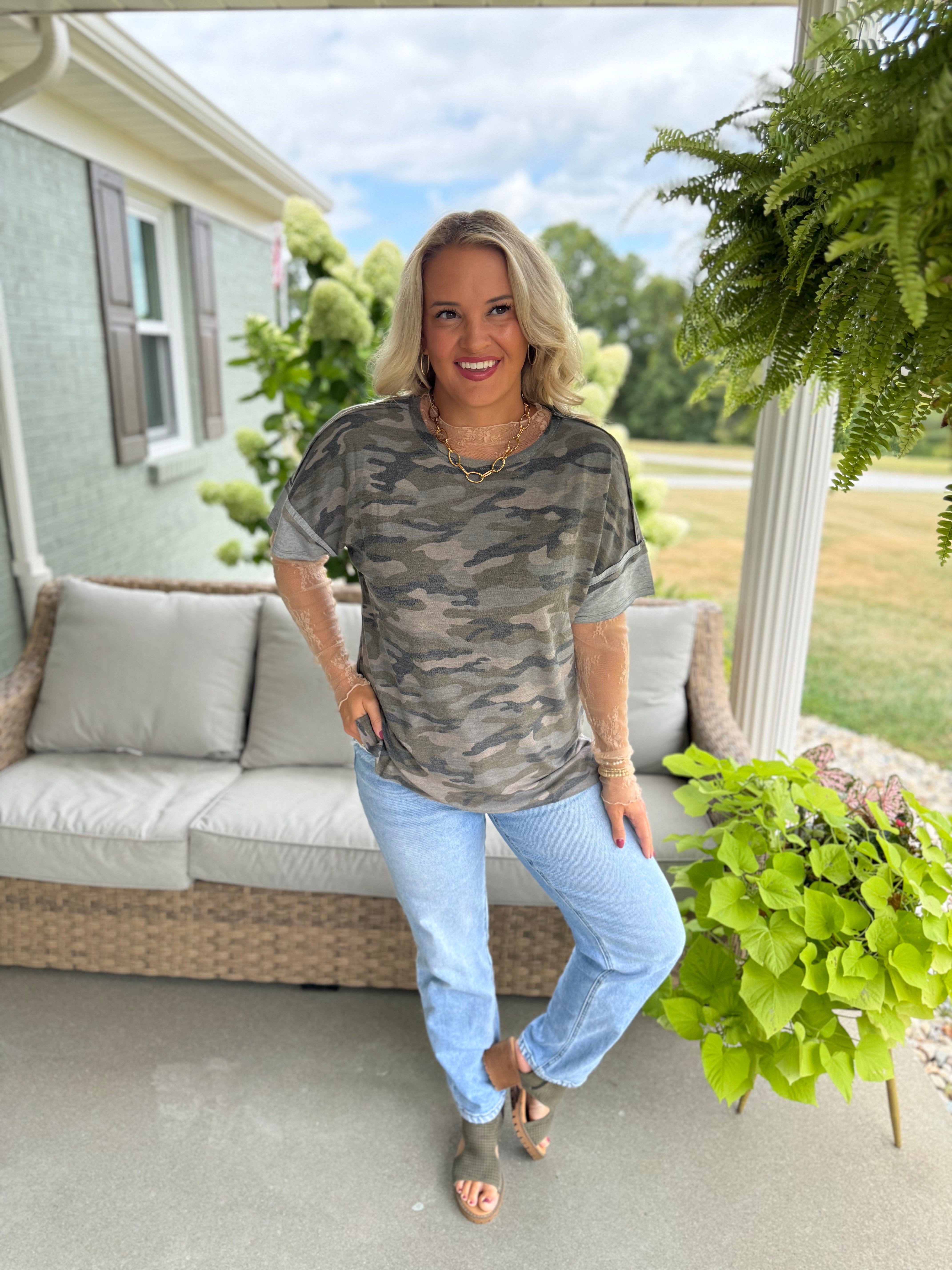Drop Shoulder Camo Top-100 Short Sleeve Tops-Doe and Rae-The Lovely Closet, Women's Fashion Boutique in Alexandria, KY