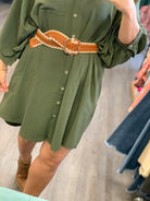 Airflow 3/4 Sleeve Buttoned Shirt Mini Dress - Olive-180 Dresses-The Lovely Closet-The Lovely Closet, Women's Fashion Boutique in Alexandria, KY