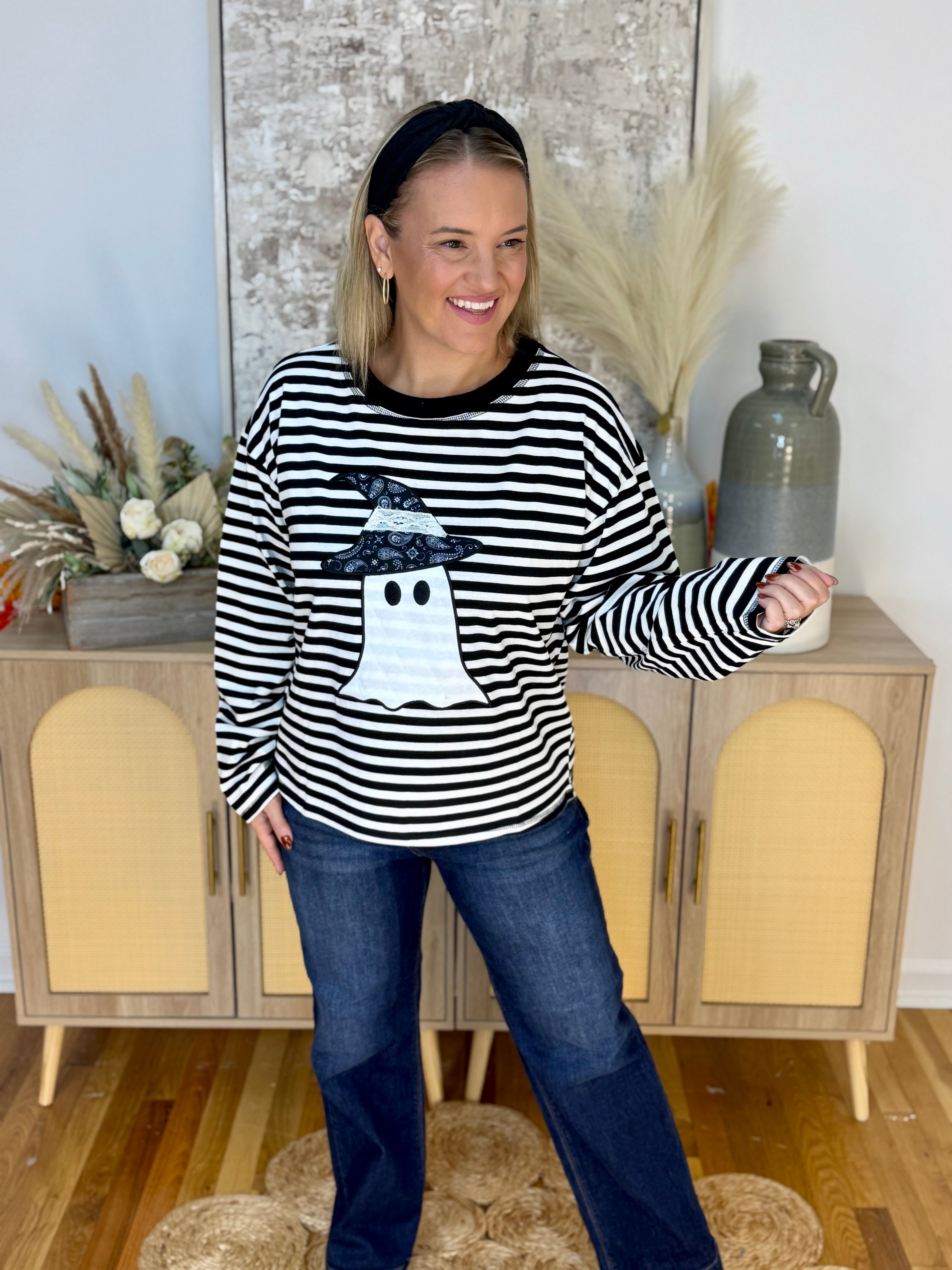 Halloween Ghost Striped Top-110 Long Sleeve Top-Main Strip-The Lovely Closet, Women's Fashion Boutique in Alexandria, KY