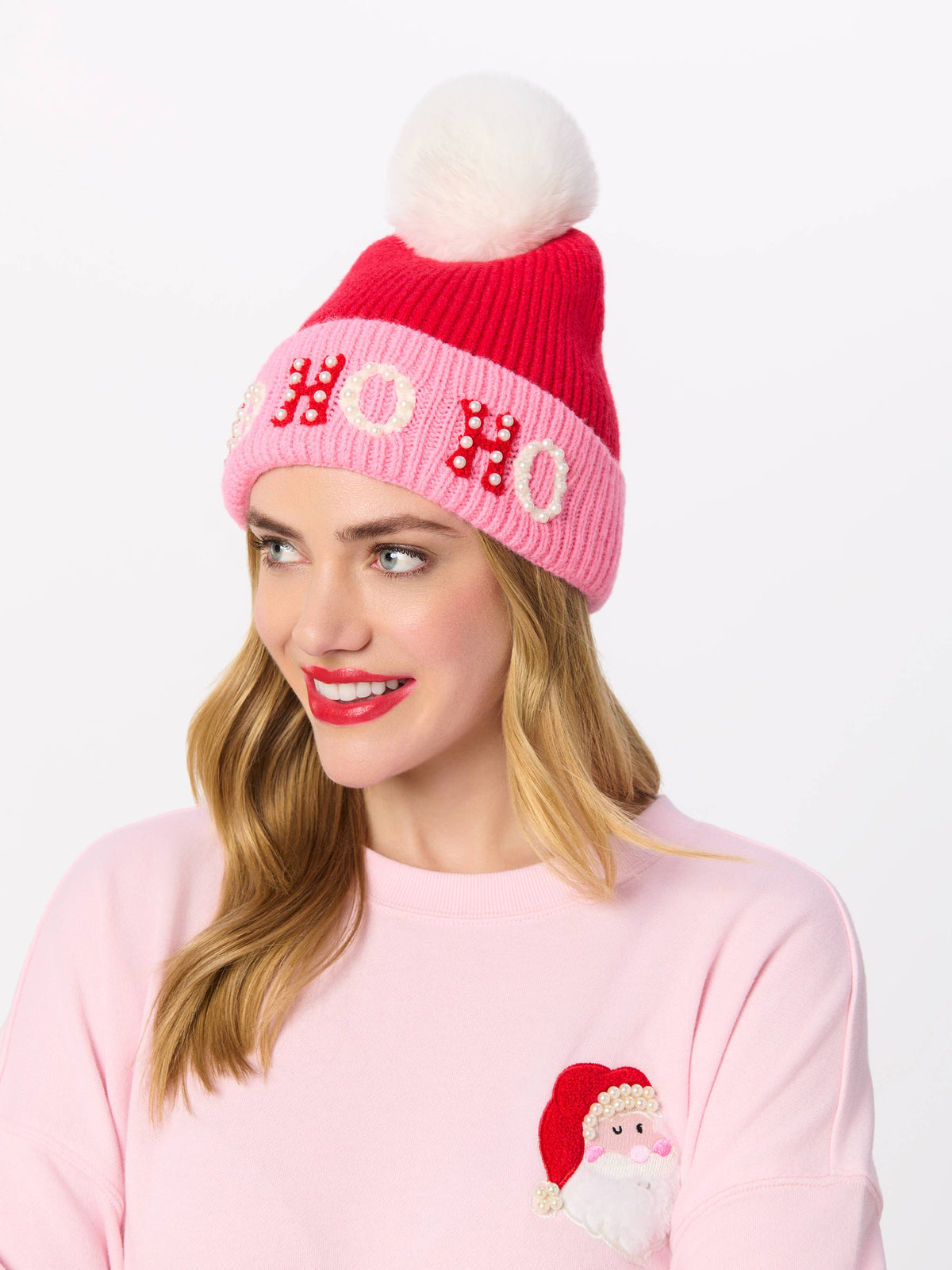 "HO HO HO" Beanie w/Pearls - Pink-350 Holiday-Shiraleah-The Lovely Closet, Women's Fashion Boutique in Alexandria, KY