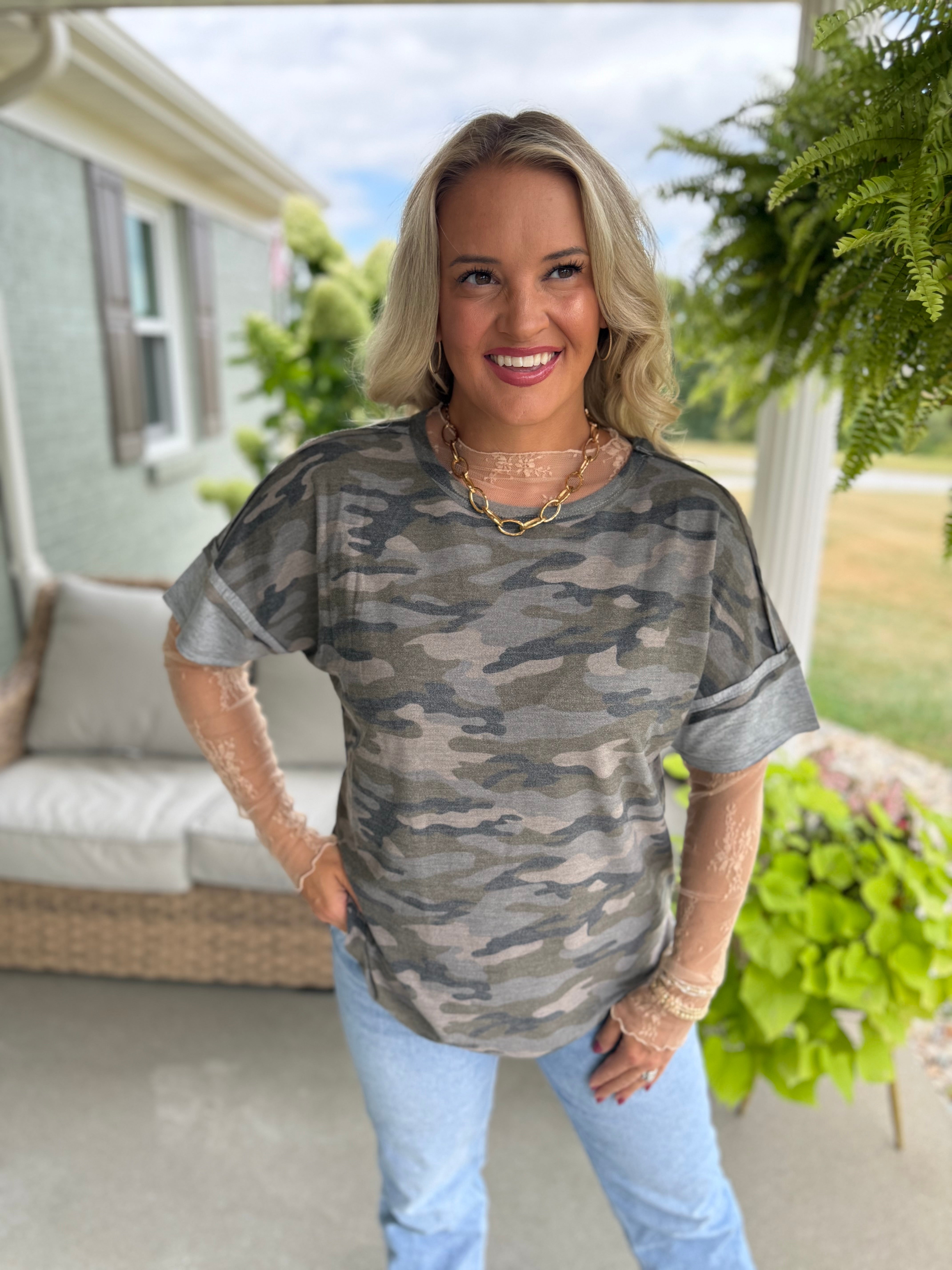 Drop Shoulder Camo Top-100 Short Sleeve Tops-Doe and Rae-The Lovely Closet, Women's Fashion Boutique in Alexandria, KY
