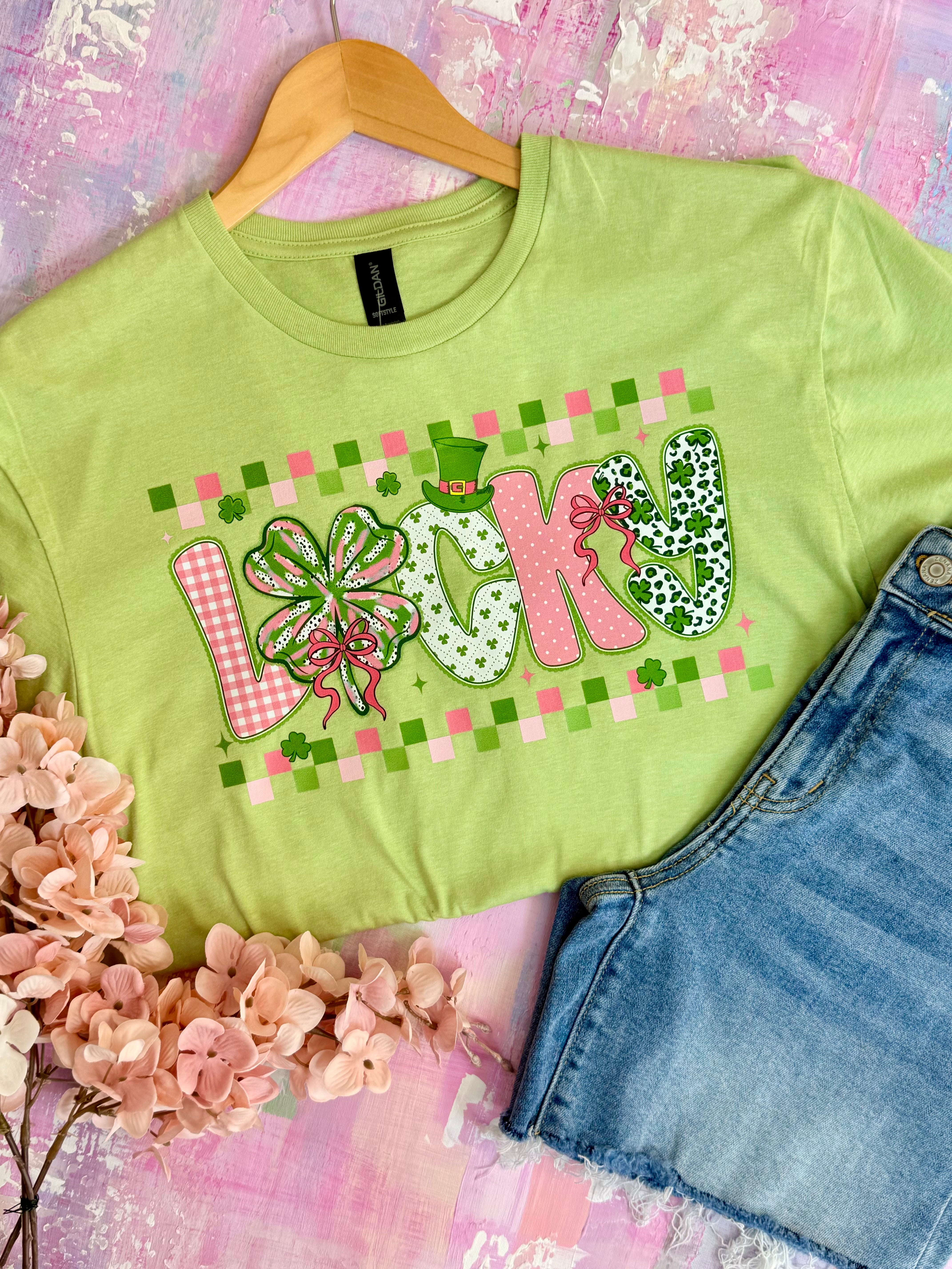 PRE-ORDER LUCKY CHECKERED GRAPHIC T-SHIRT-130 Graphics-The Lovely Closet-The Lovely Closet, Women's Fashion Boutique in Alexandria, KY