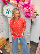 Color Pop Polka Dot Top - Dark Coral-100 Short Sleeve Tops-Carole Christian-The Lovely Closet, Women's Fashion Boutique in Alexandria, KY