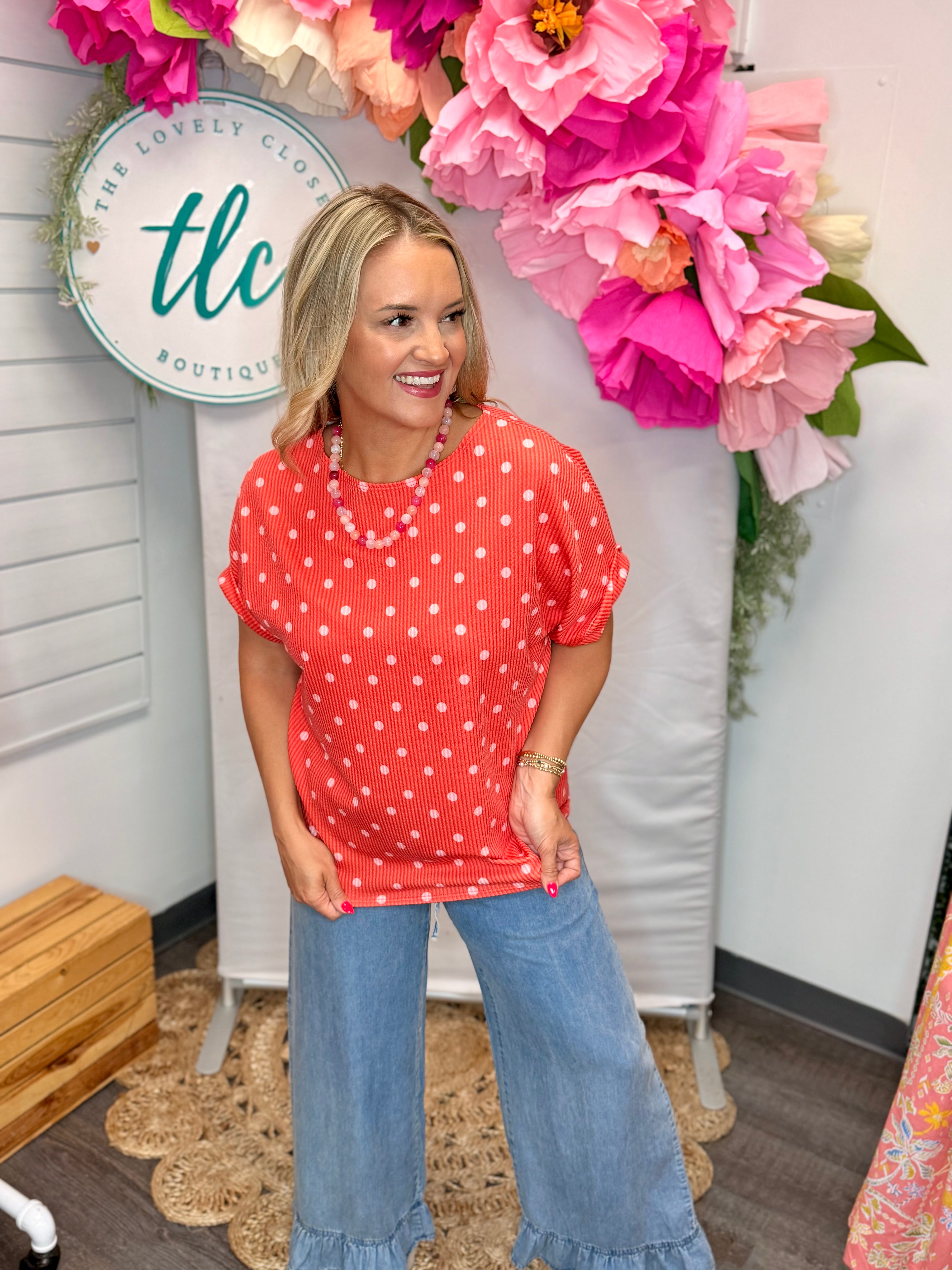 Color Pop Polka Dot Top - Dark Coral-100 Short Sleeve Tops-Carole Christian-The Lovely Closet, Women's Fashion Boutique in Alexandria, KY