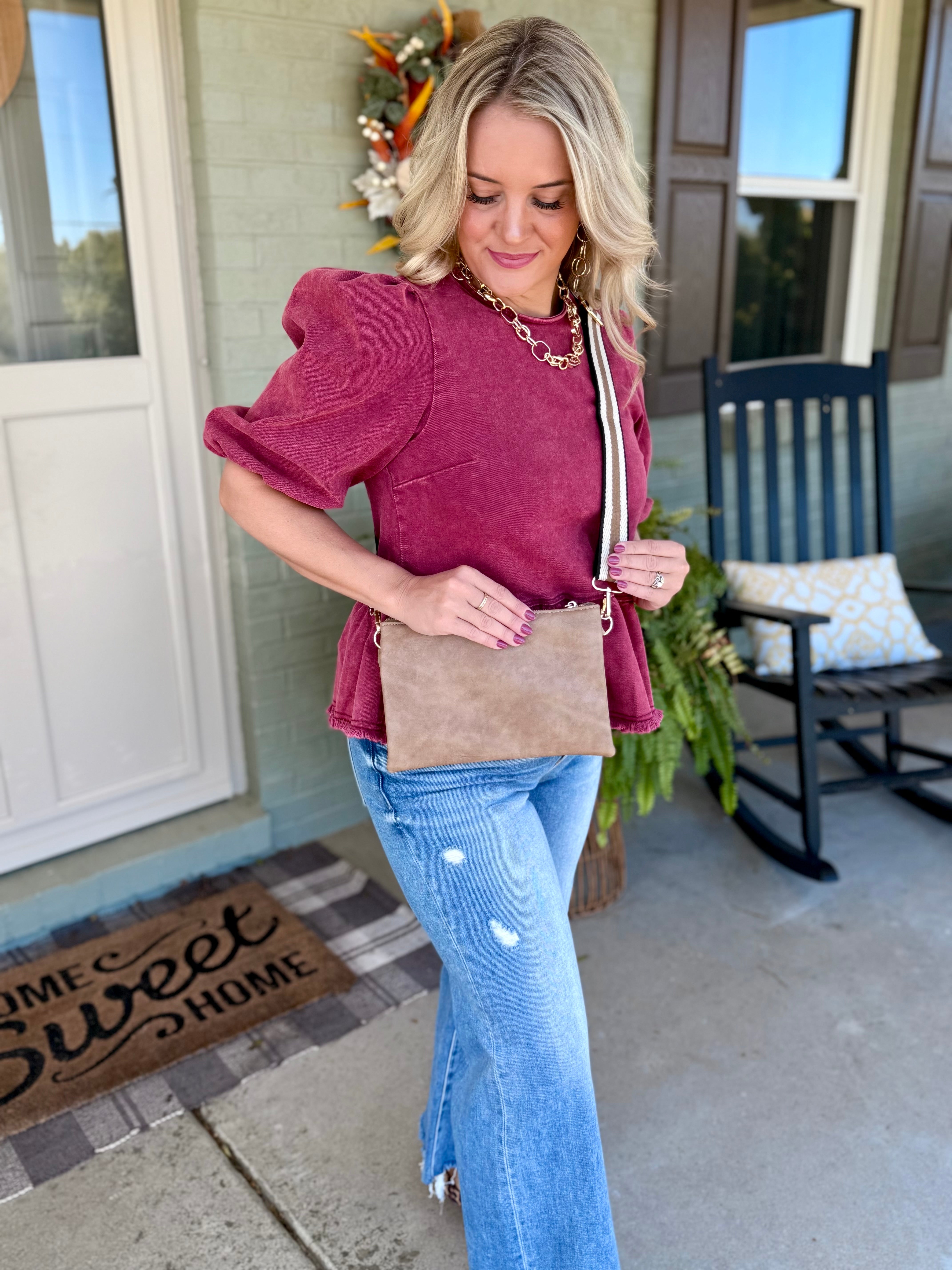 Cider & Cinnamon Washed Denim Top - Garnet-100 Short Sleeve Tops-Anniewear-The Lovely Closet, Women's Fashion Boutique in Alexandria, KY