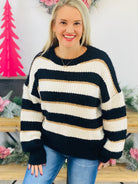 Striped With Velvet & Gold Yarn Sweater - Black-140 Sweaters-Vine & Love-The Lovely Closet, Women's Fashion Boutique in Alexandria, KY