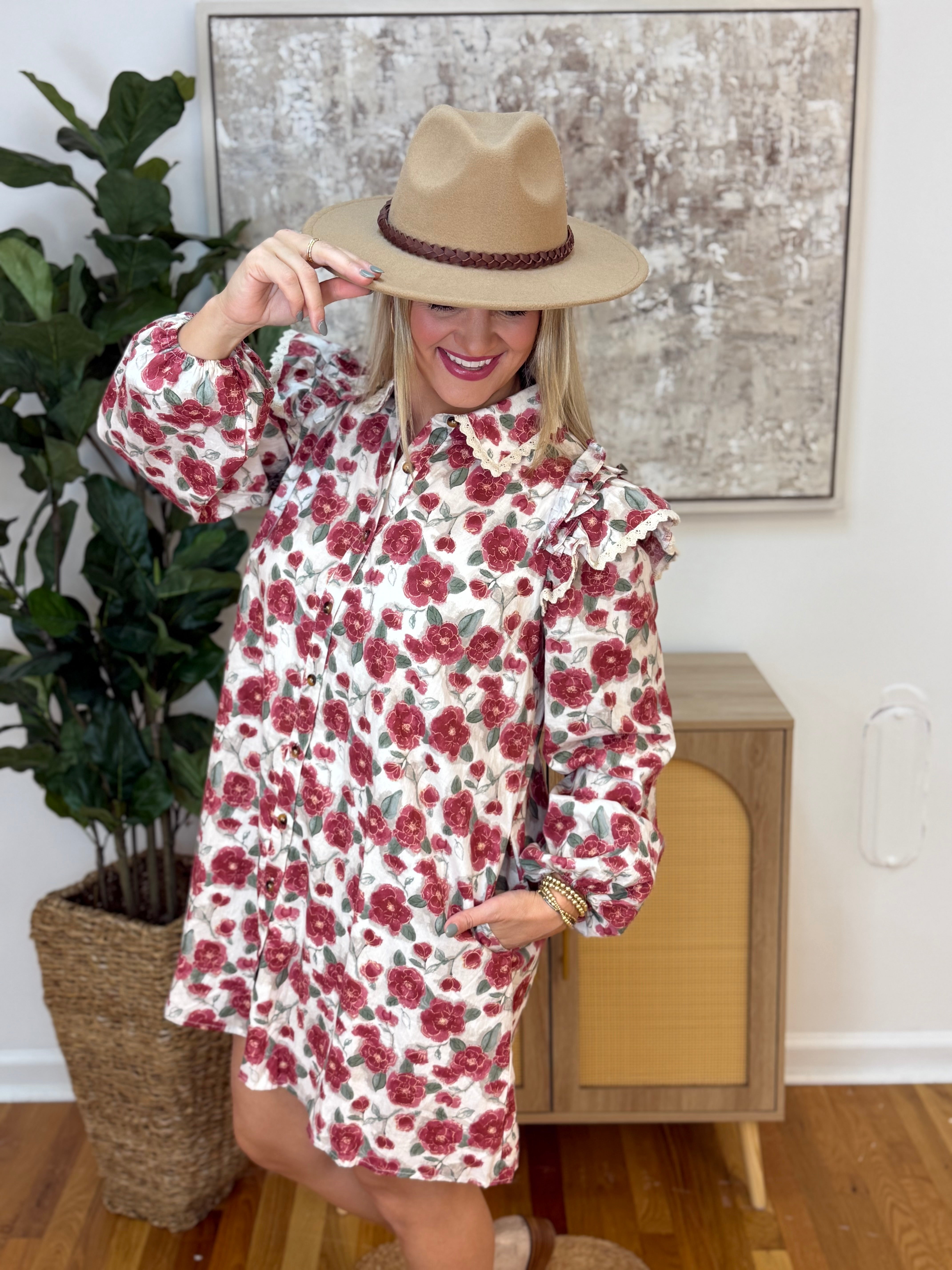 FINAL SALE - Rose Print Button Down Dress-180 Dresses-Anniewear-The Lovely Closet, Women's Fashion Boutique in Alexandria, KY