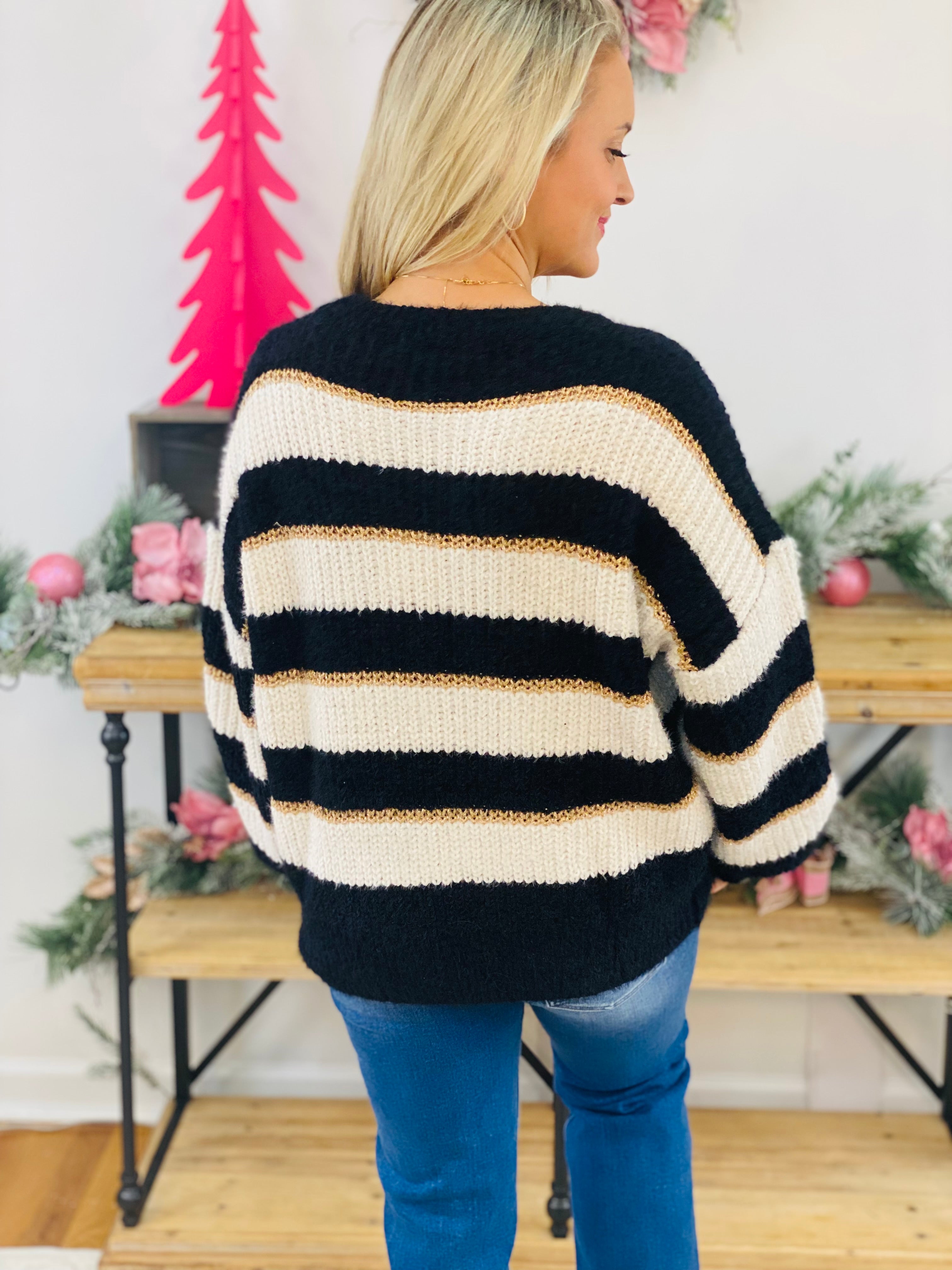 Striped With Velvet & Gold Yarn Sweater - Black-140 Sweaters-Vine & Love-The Lovely Closet, Women's Fashion Boutique in Alexandria, KY